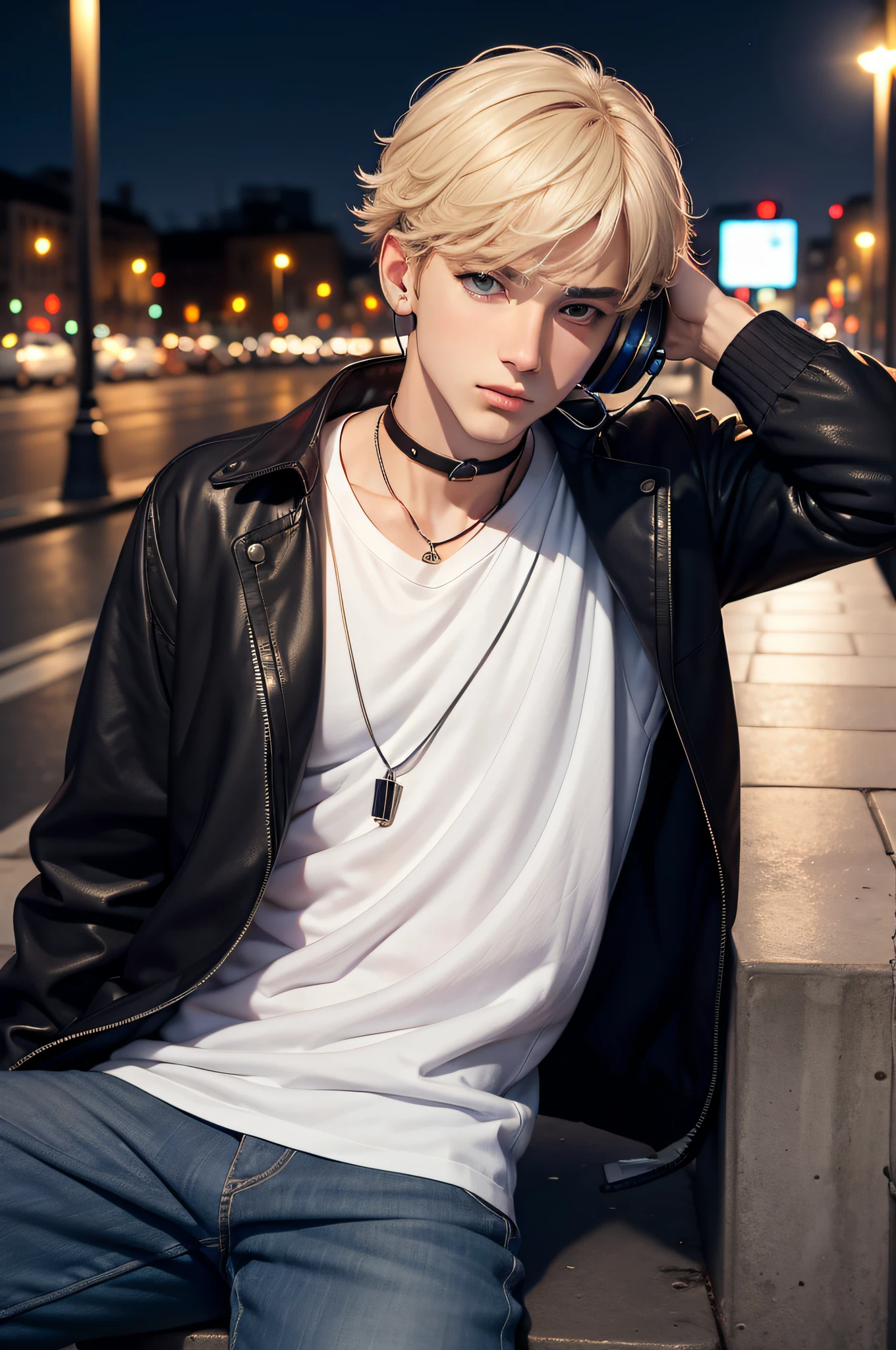 masterpiece, best quality,1boy,  eye focus,,beautiful eyes,looking at viewer, expressionless, open jacket, white shirt,sitting, cityscape, night, big moon,lamppost, street wear,headphones, black choker, necklace,