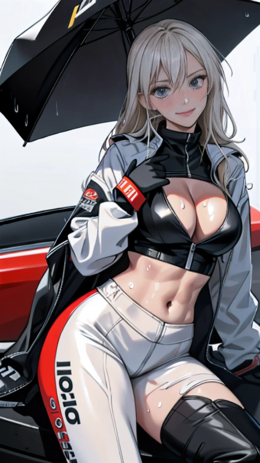 masterpiece,(ultra-detailed),1girl,drenched all over the body, car, Liquid dripping，Sweating profusely， racecar, circuit,   black bodysuit, cropped jacket, white jacket,Smile long sleeves, two-tone gloves, thigh boots,The belly is exposed，large bust，Large breasts，long leges，Love Hoshino of racing，Flame it up， or stand or sit down，rainy sky，drenched all over the body，Behind you is a professional racing track，Abs，drenched all over the body，Eyes rolled up，scantily clad，big breasts exposed cleavage，drenched all over the body，