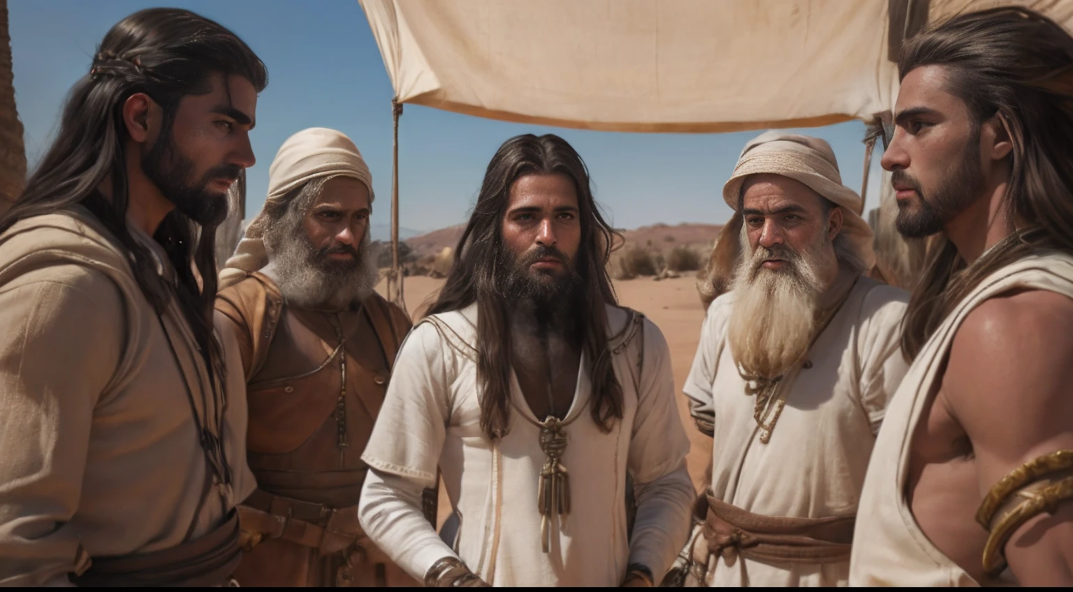 many men, fotografia, retrato biblico de moises conversando com muitos homens da sua tribo em duna, com moises no centro do circulo, muitos homens a volta, deserto, barba, trajes biblicos, realista, absurdos, detalhado,