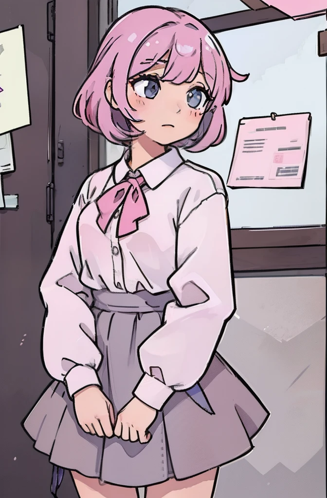 masterpiece、Very delicate illustration、White shirt with long sleeves、Ribbon Ties、grey skirt、(bright pink hair)