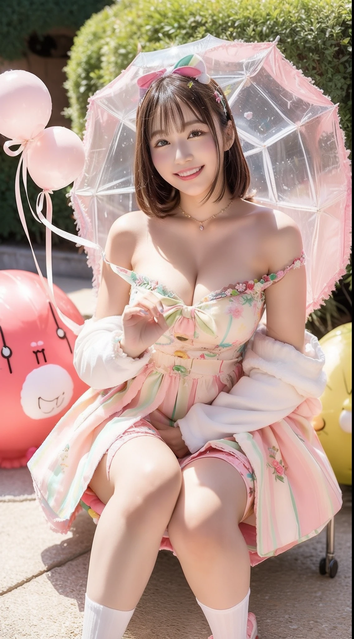 Fashion: Dress up in a colorful ensemble reminiscent of candy wrappers, Cleavage in bright pastel colors and playful accessories、Colossal tits、sixteen years old. 2. Pose: Pose on a whim while holding a giant lollipop, Show off a carefree and fun attitude. 3. Background: Pose in front of a candy-themed background filled with oversized candies, cotton candy clouds, and Candy Cane Tree. 4. Candy Throne: Sit on a candy-style throne made with oversized gum drops, Surrounded by candy treasures. 5. Cupcake Delight: Lean on a giant cupcake prop, Please wear clothes that match the color and frosting of the cupcake. 6. Rainbow Pathway: Walk along a rainbow path made of candy pieces, Exudes surprise and excitement. 7. Candy Rain: With colorful umbrella「Candy Rain」Capture the moment of, Standing under a shower of falling candies. 8. Giant Ice Cream Cone: Pose beside a giant ice cream cone prop, In an outfit featuring ice cream cone patterns and colors. 9. Candy Wonderland Swing: Playfully swing in candy cane swing in dreamy landscape of candy tree and candy floss clouds. 10. Gummy Bear Garden: Sit in the garden of oversized gummy bears, Wearing gummy bear-themed costumes to match the colors of the candy garden
