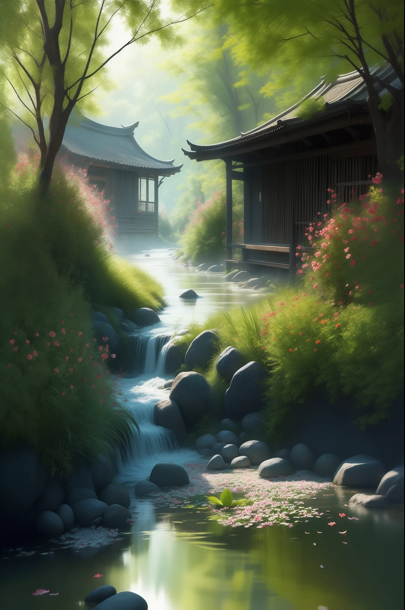 The stream is gurgling，Flowers，Cooking smoke