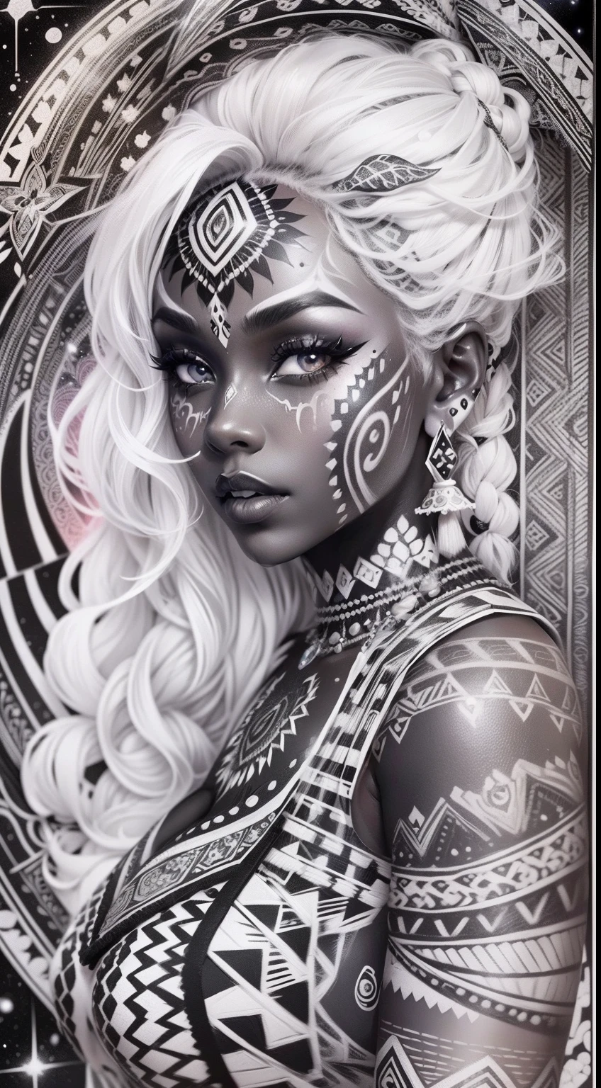 colouring book page, black and white, 32k, full body view, very beautiful tribal brown skin girl with excessive intricately detailed vivdly black and white facepaint bodypaint makeup, stunning radiant eyes, gorgeous white hair with highlights, magical night sky background