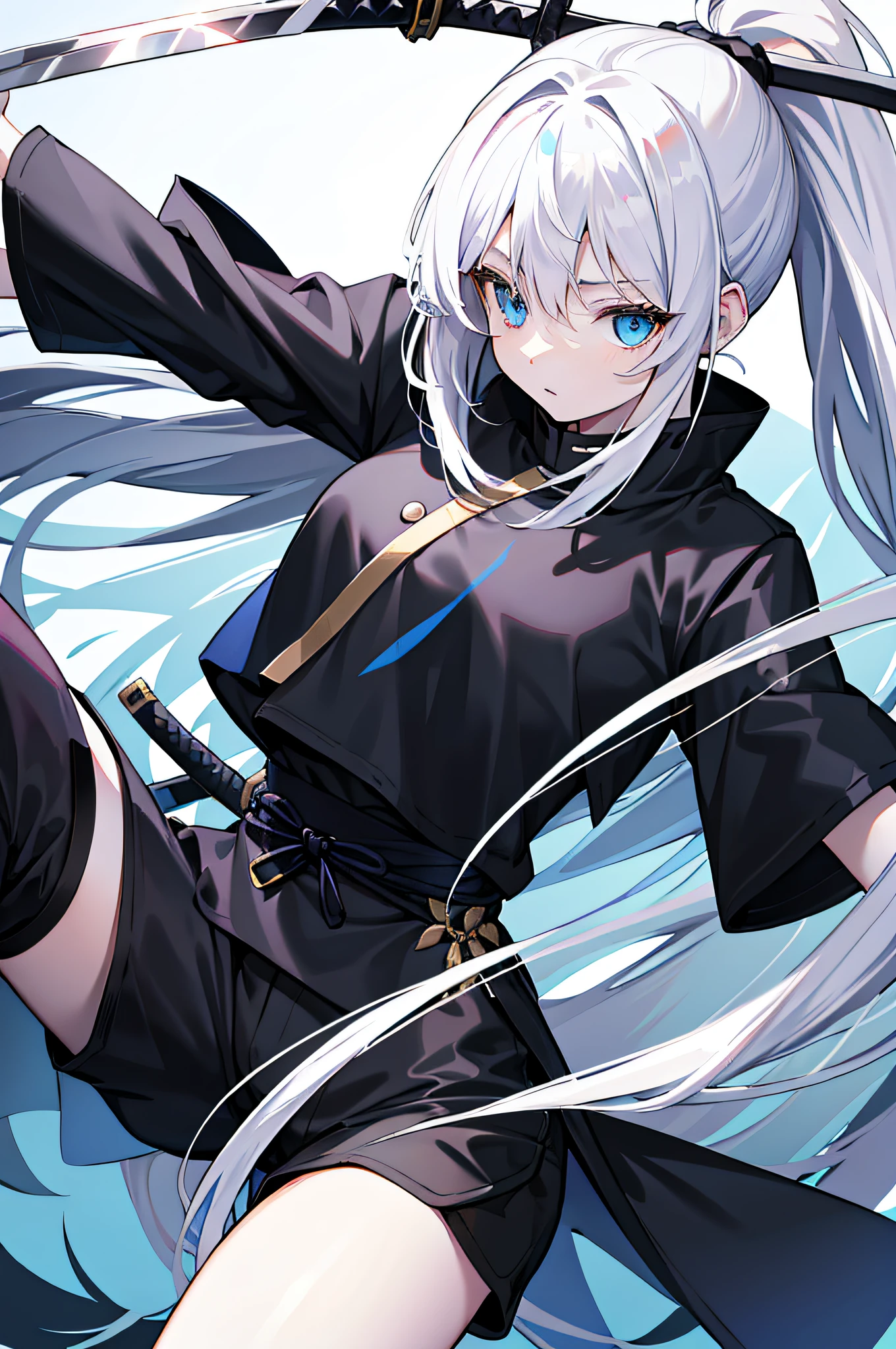 whaite hair，long whitr hair，High ponytail，Blue eyes，Black tunic，Black  shorts，white short sleeve，A katana