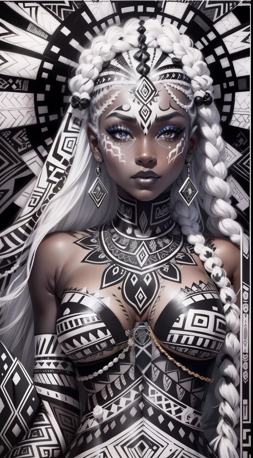 colouring book page, black and white, 32k, full body view, very beautiful tribal brown skin girl with excessive intricately detailed vivdly black and white facepaint bodypaint makeup, stunning radiant eyes, gorgeous white hair with highlights, magical night sky background