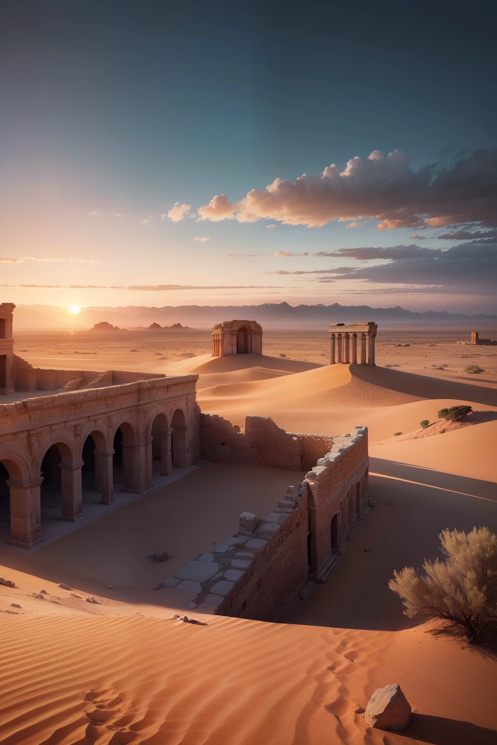Generate a captivating image of a vast desert landscape with majestic ancient ruins in the distance. The scene should evoke a sense of timelessness and mystery, with warm hues of the setting sun casting a golden glow over the sand and weathered stone structures. Ensure that the ruins blend seamlessly with the natural surroundings, creating a harmonious and awe-inspiring panorama, high detail, photoreal