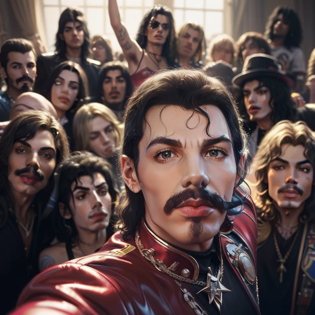 Masterpiece, volumetric light, epic light, extra quality. Selfie-type image in which rock and roll stars are represented worldwide. (((Freddie Mercury))) in the foreground, shooting the photo. Make sure you represent ((Kurt Cobain)), ((Jimmy Hendrix)), (((Michael Jackson))), ((Elvis Presley)), ((Bob Marley)) and ((Amy Winehouse))
