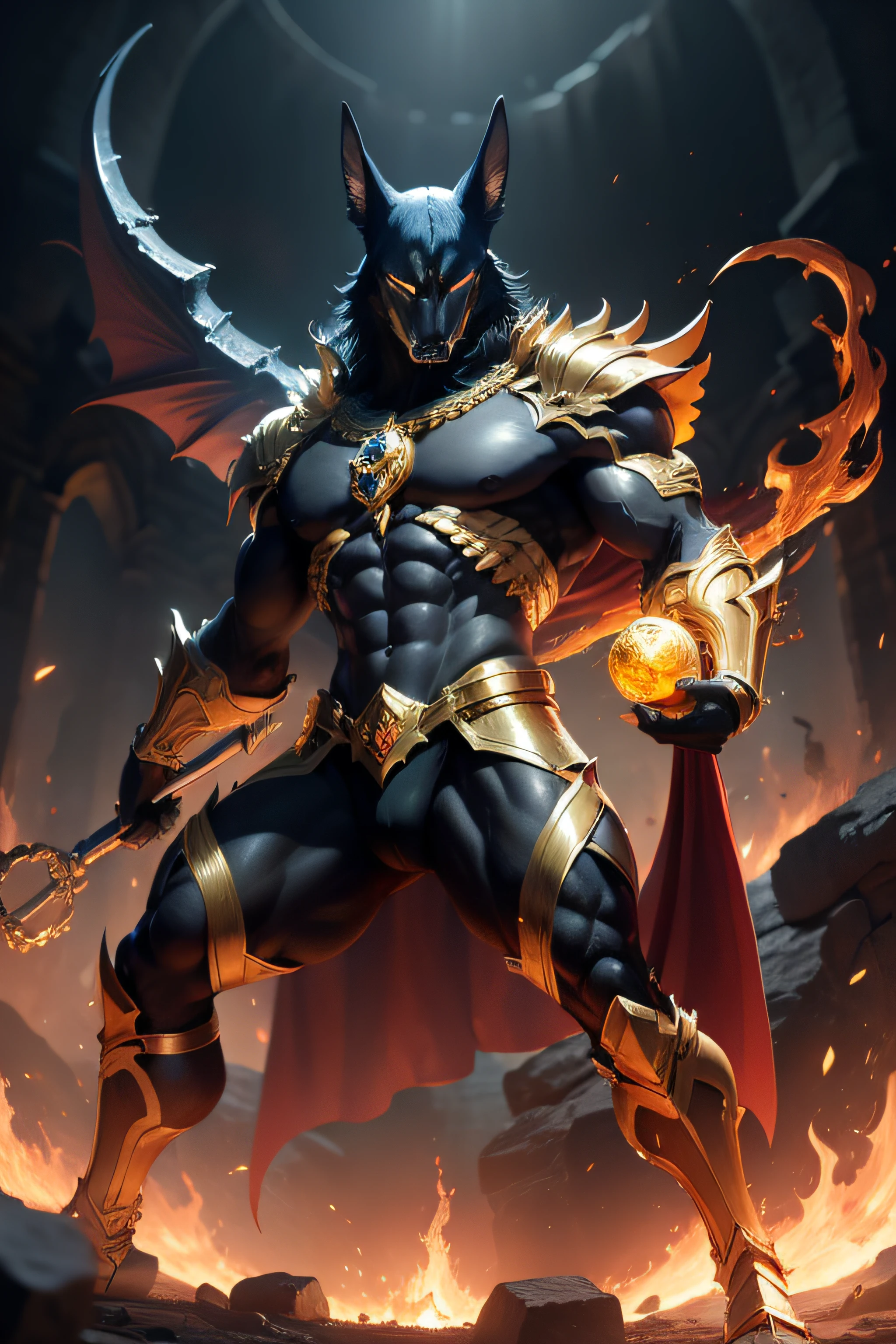 (high quality), photorealistic, (oil painting) jewelry, (solo), (dynamic pose), towards right, ((hell gate)), fire, hell landscape, (the underworld), (dark landscape), anubis, anime, egyptian jackal headed god, anthro, muscular, (holding golden scales), dynamic pose, cinematic, dramatic camera angle, golden armor:0.25, black & gold cape, (good anatomy), (good proportions), award winning, masterpiece, centered,