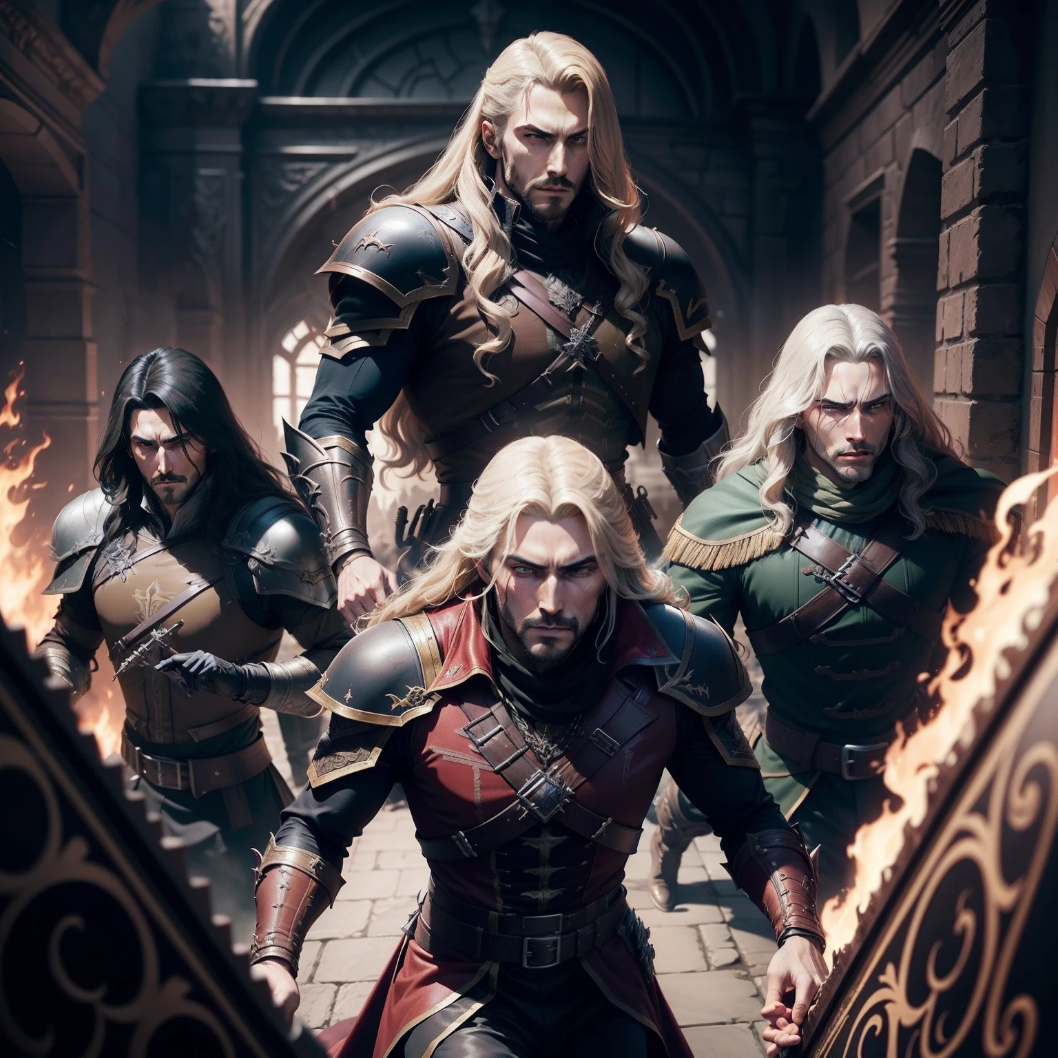 Castlevania lords of the shadows leading troops army of men soldiers to battle hyper realistic super detailed Dynamic poses extrêmement détaillés cinématique scènes