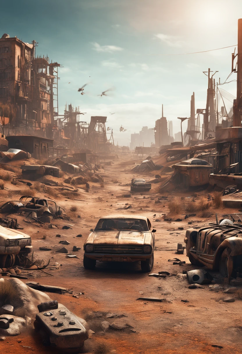 3d render, mad max wasteland city background, macro panorama, wide panoramic wallpaper, 4k high definition, realistic