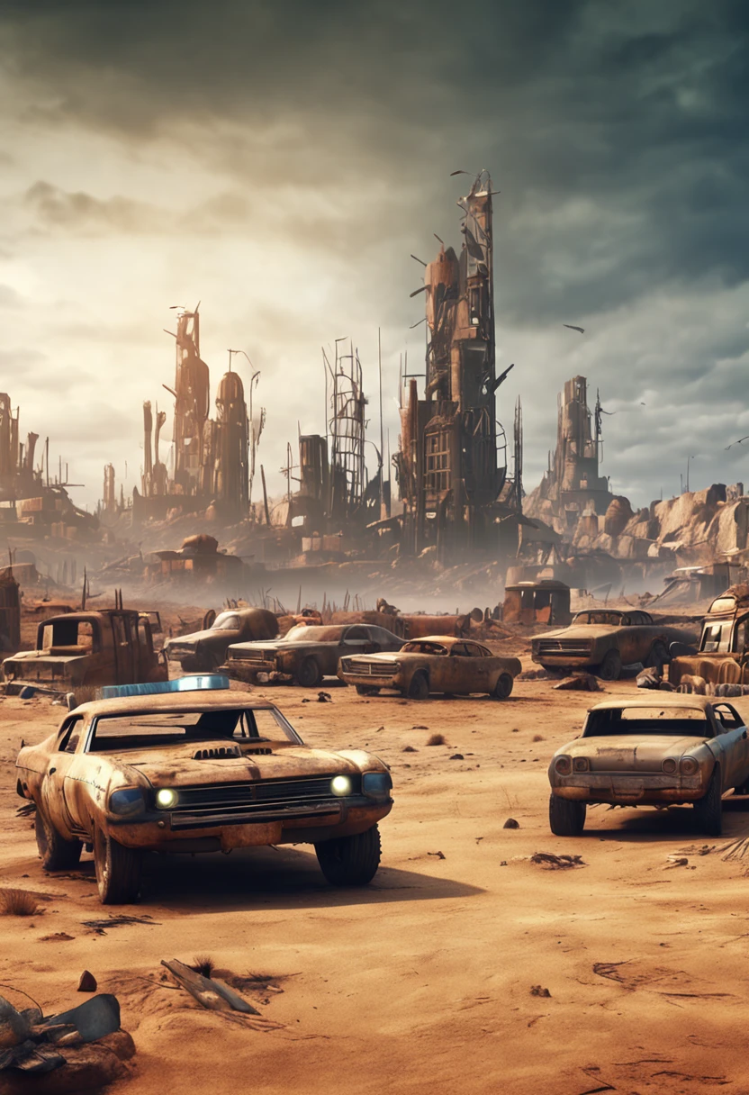 3d render, mad max wasteland city background, macro panorama, wide panoramic wallpaper, 4k high definition, realistic
