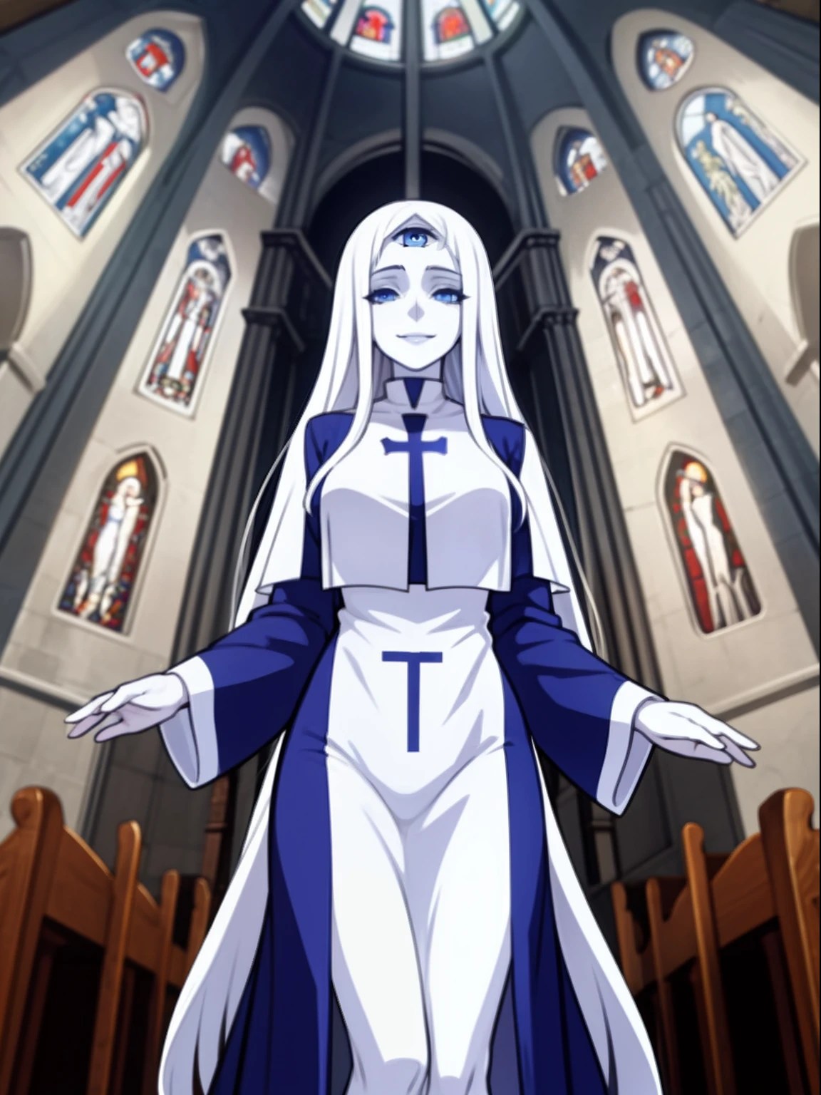 1girl,solo,blue eyes,demonic third eye,white hairs,long hairs, breasts ,pale skin, priest,smile, church