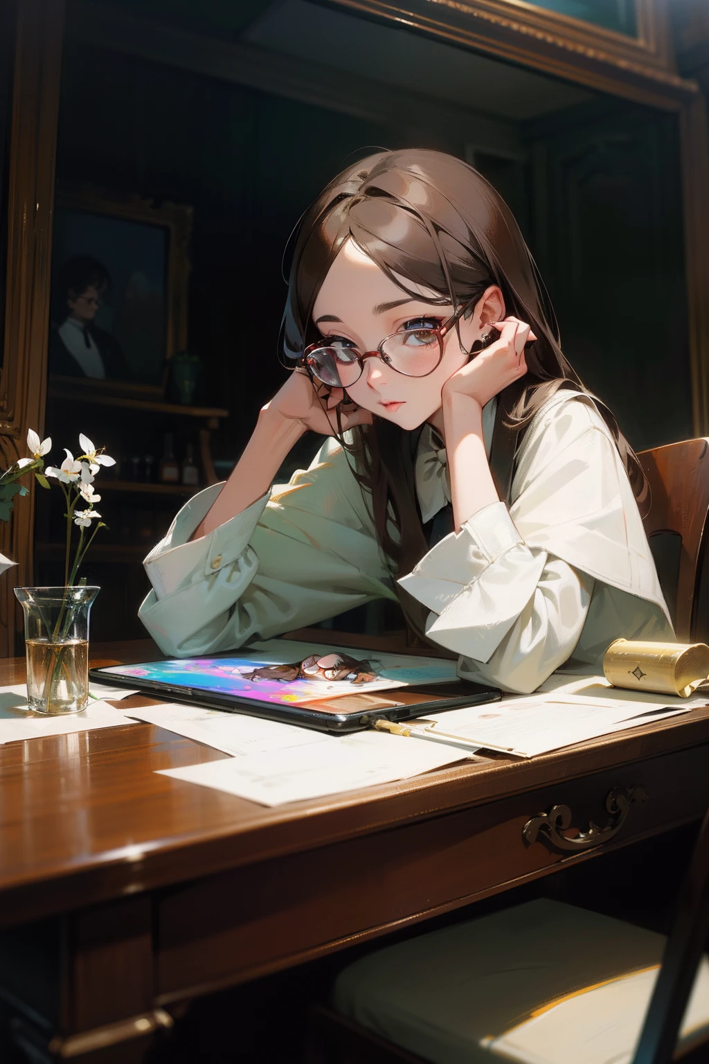 tmasterpiece,Need,Superb beauty,Intellectual,mature,Silver-framed glasses,Extremely beautiful,World Masterpiece Theatre,super-fine,Need,Need,brunette color hair,A high resolution,Need,1girll,Need,illustratio,looking at viewert,low head,Painting,Uninhibited,sobu,desks,iPad,iPad,designs,Uninhibited,oil painted, Photorealsitic, Realist,Real,