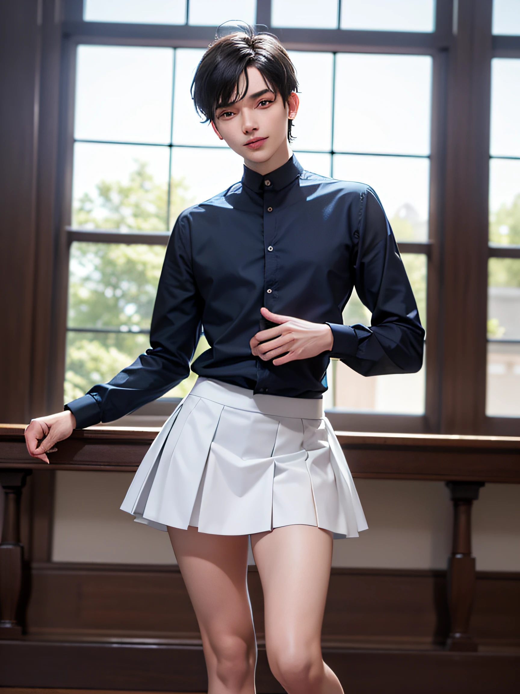 High resolution photo, full body, dance practice, highest quality, exquisite style, blue sky window, Twilight, (boy: 2.0), blue, short black hair, narrow eyes, smiling boy, nice boy, (19 years old) old ), Thin, ((Thighs)), (Solo), [Muscle], (Skinny), ((Short White Skirt)), Masterpiece, Best Quality, Masterpiece, Best Quality, Urban Background