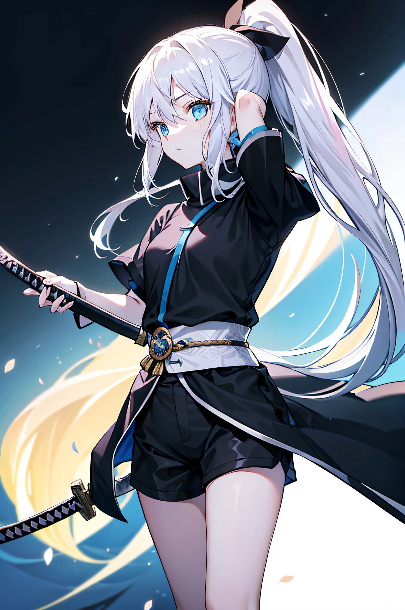 whaite hair，long whitr hair，High ponytail，Blue eyes，Black tunic，Black  shorts，white short sleeve，A katana