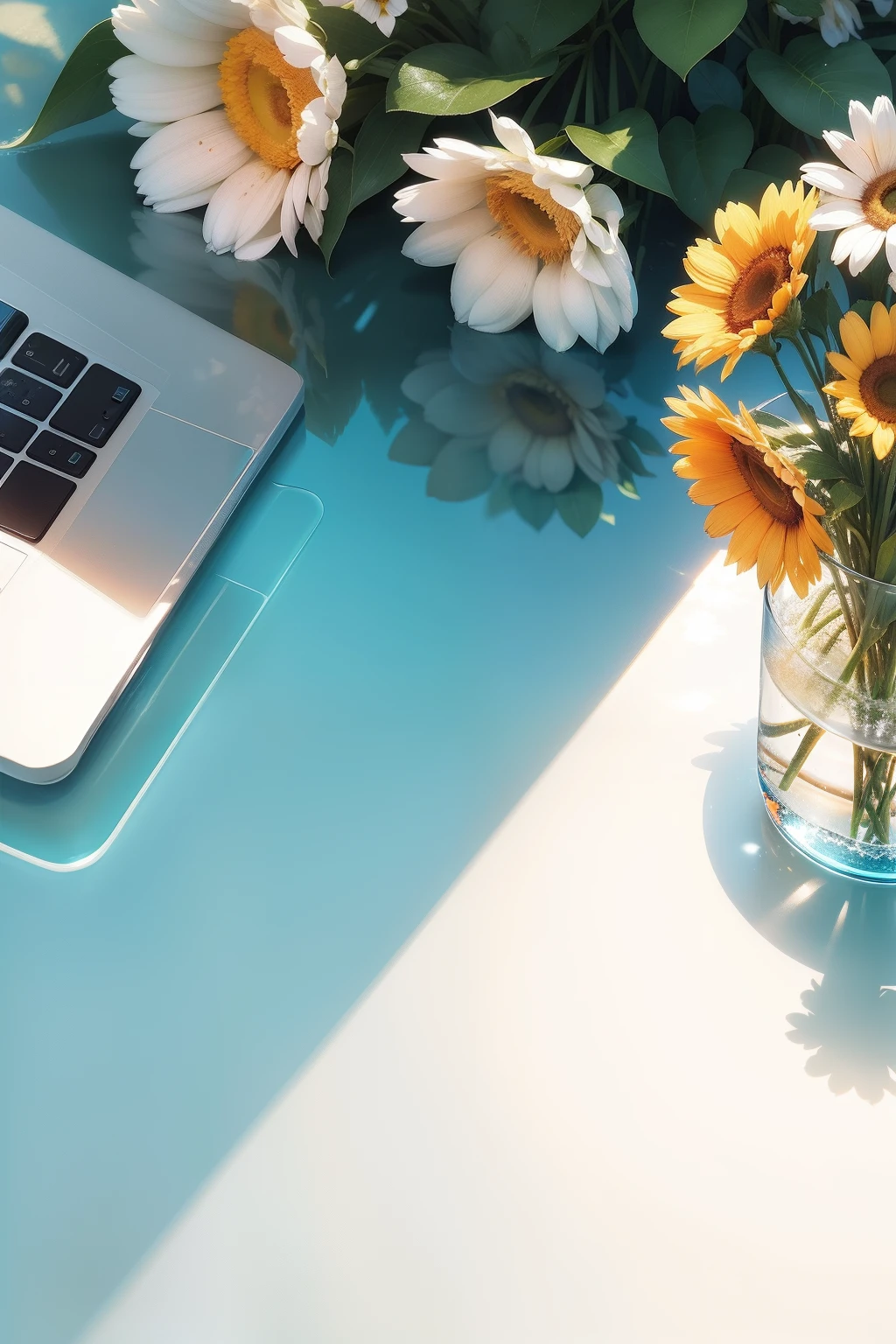 White poster background,There is a bouquet of colorful flowers in the lower left corner,There is a clear glass water cup in the lower right corner,Summer sun,advertisement picture,looks realistic