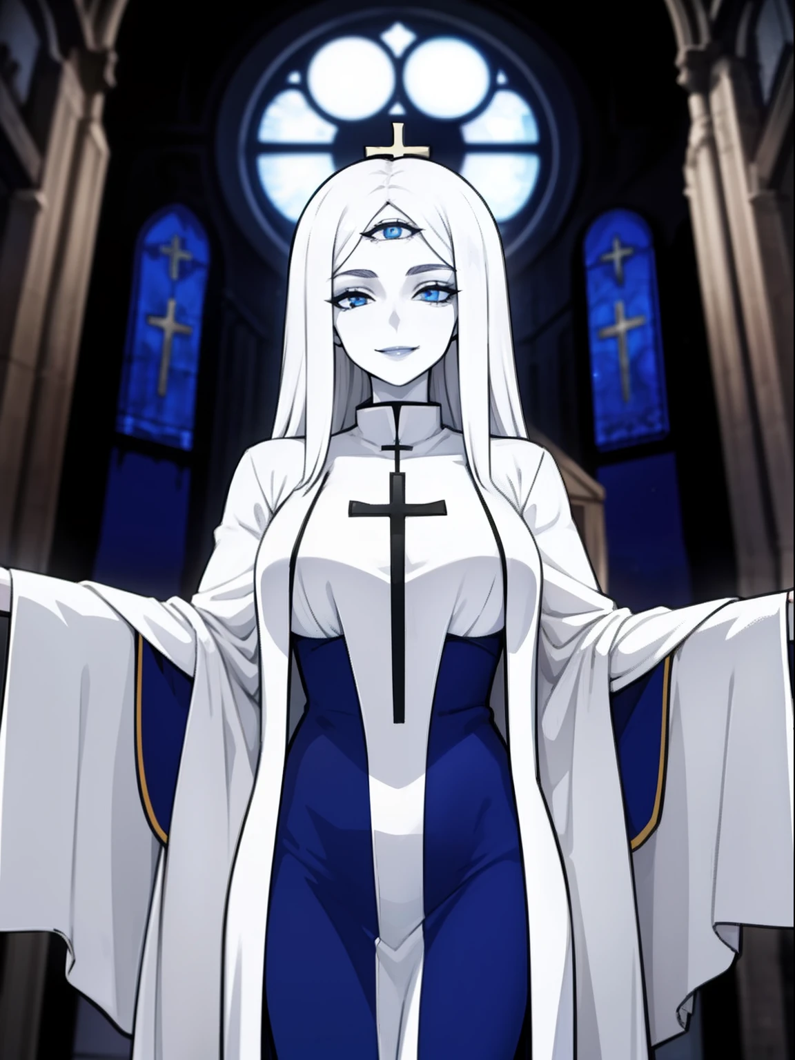 1girl,solo,blue eyes,demonic third eye,white hairs,long hairs, breasts ,pale skin, priest,smile, church