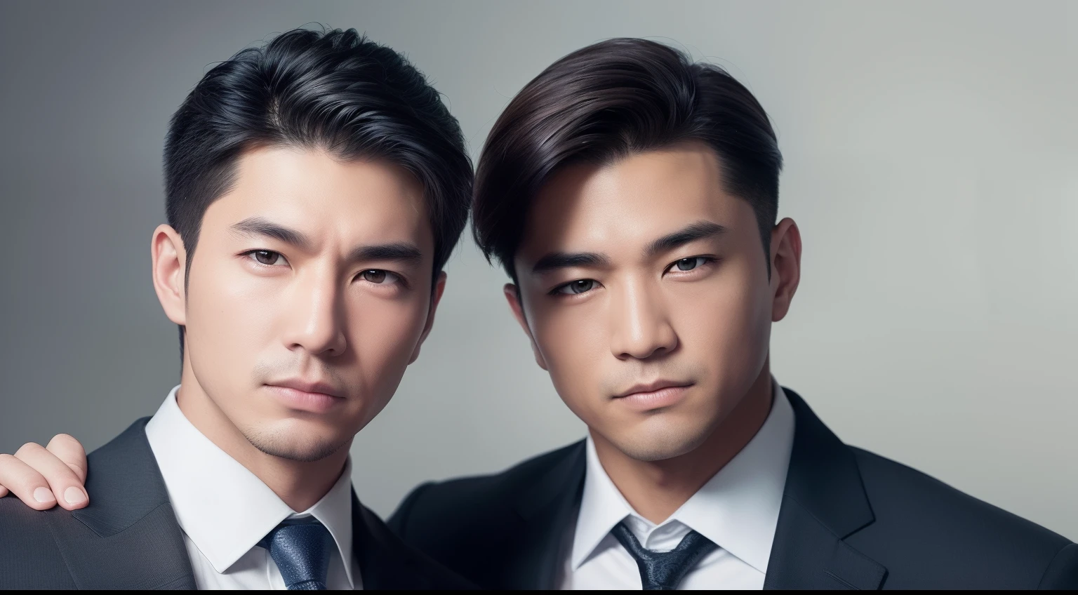 ((2 men)), two handsome asian men in business suits, (arms behind back:1.1, highly realistic hands, detailed hands),(realistic:1.7),((best quality)), High detail RAW color Photo, ((full body shot)), ((white background)), symmetrical, highly detailed, skin pores, skin imperfections, high detail hair, sharp body, detailed body, highly detailed face, handsome face, perfect lighting, shadows, sharp focus, 8k high definition, insanely detailed, intricate, masterpiece, highest quality