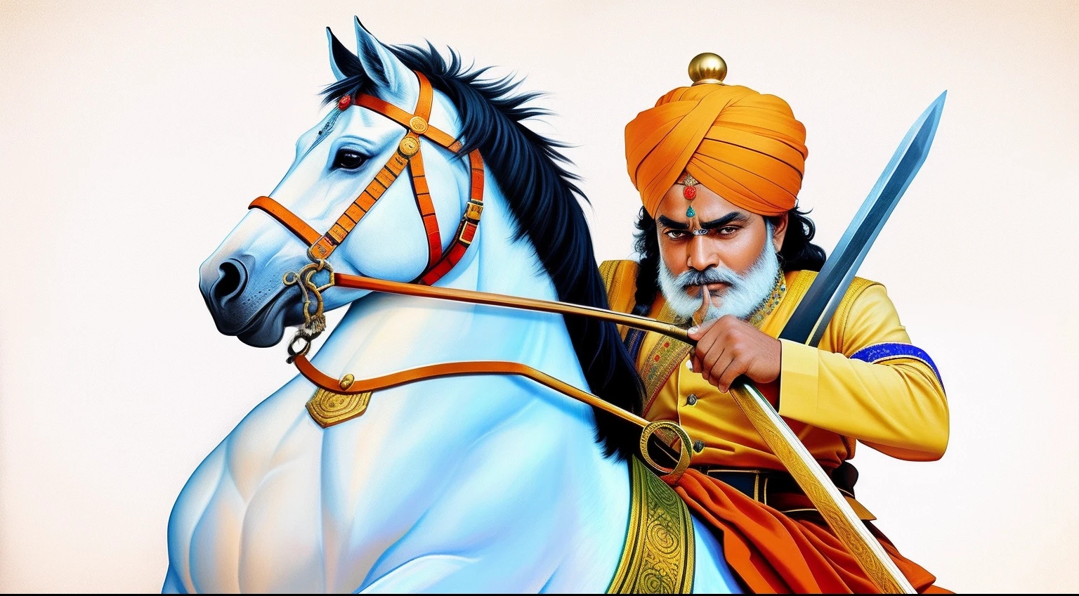 there is a realistic portrait of a man riding a horse with a sword, inspired by Ram Chandra Shukla, inspired by Bholekar Srihari, cartoon still, horse warrior, man in horse costume, inspired by Kailash Chandra Meher, inspired by Raja Ravi Varma, inspired by Sudip Roy, dressed in a jodhpuri suit, inspired by Sardar Sobha Singh