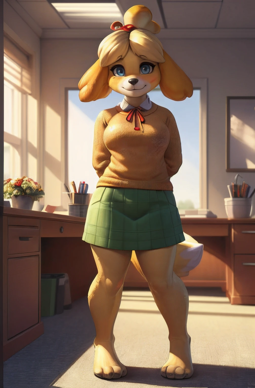 [isaCrossing], [Isabelle; Animal Crossing], [Uploaded to e621.net; (Pixelsketcher), (wamudraws)], ((masterpiece)), ((solo portrait)), ((front view)), ((feet visible)), ((furry; anthro)), ((detailed fur)), ((detailed shading)), ((beautiful render art)), {anthro; (yellow fur, black nose), small brown eyebrows, cute blue eyes, cute smile, (blushing), blonde hair, (bells in hair), topknot, fluffy tail, (beautiful feet)}, {(office woman), (red ribbon), (orange sweater), small boobs, short bodycon green skirt}, {(arms behind back), (standing), (pigeon-toed)}, [background; (office), (window), (sun rays)]