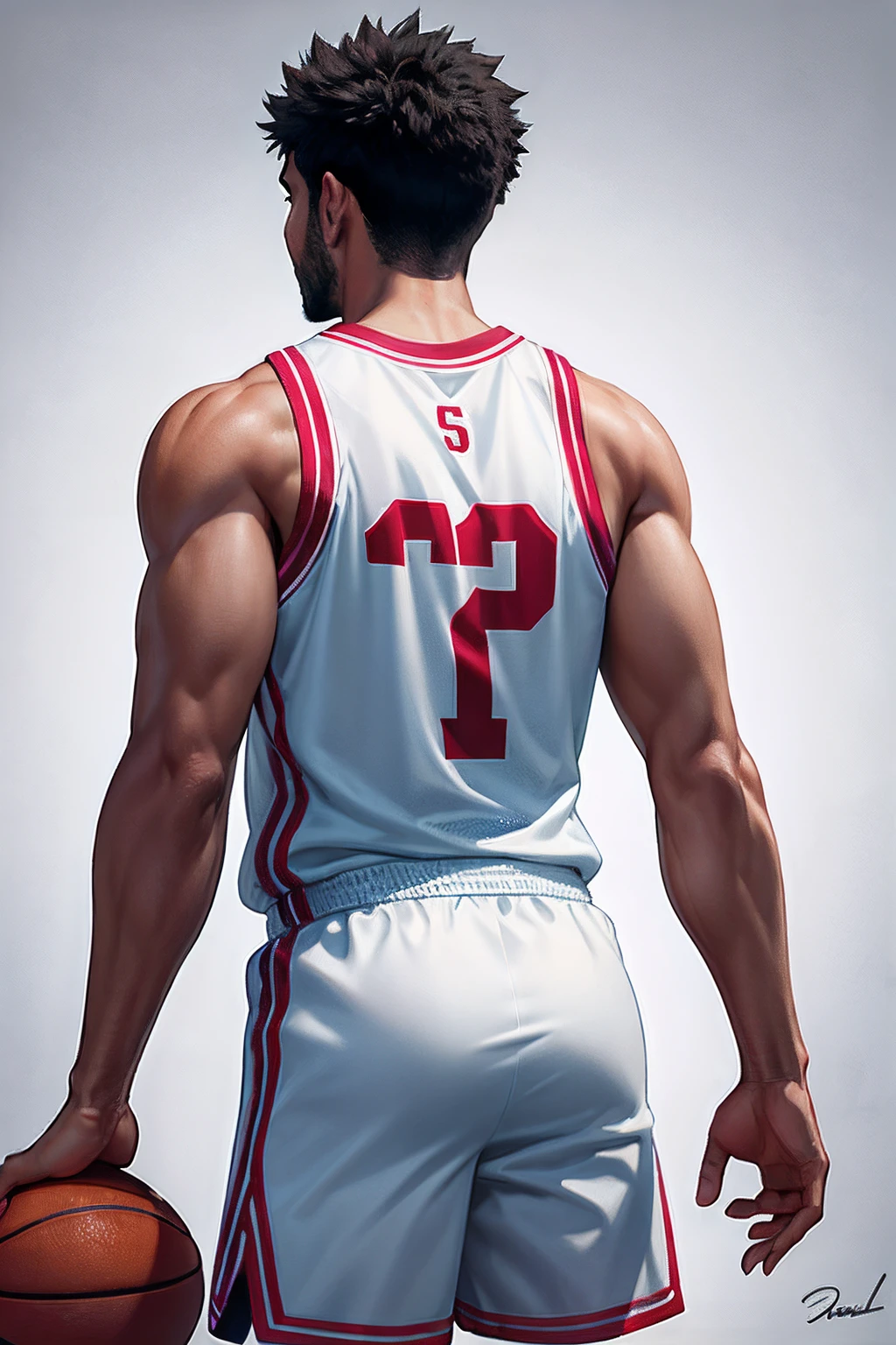 back  view, male. Basketball player, mini frosh perspective, sharp lense, professional photographie, 70mm lense, detail love, good quality, unreal engine 5, wallpaper, colerful, highly detailed, 8k, soft light, fantasy, photo realistic