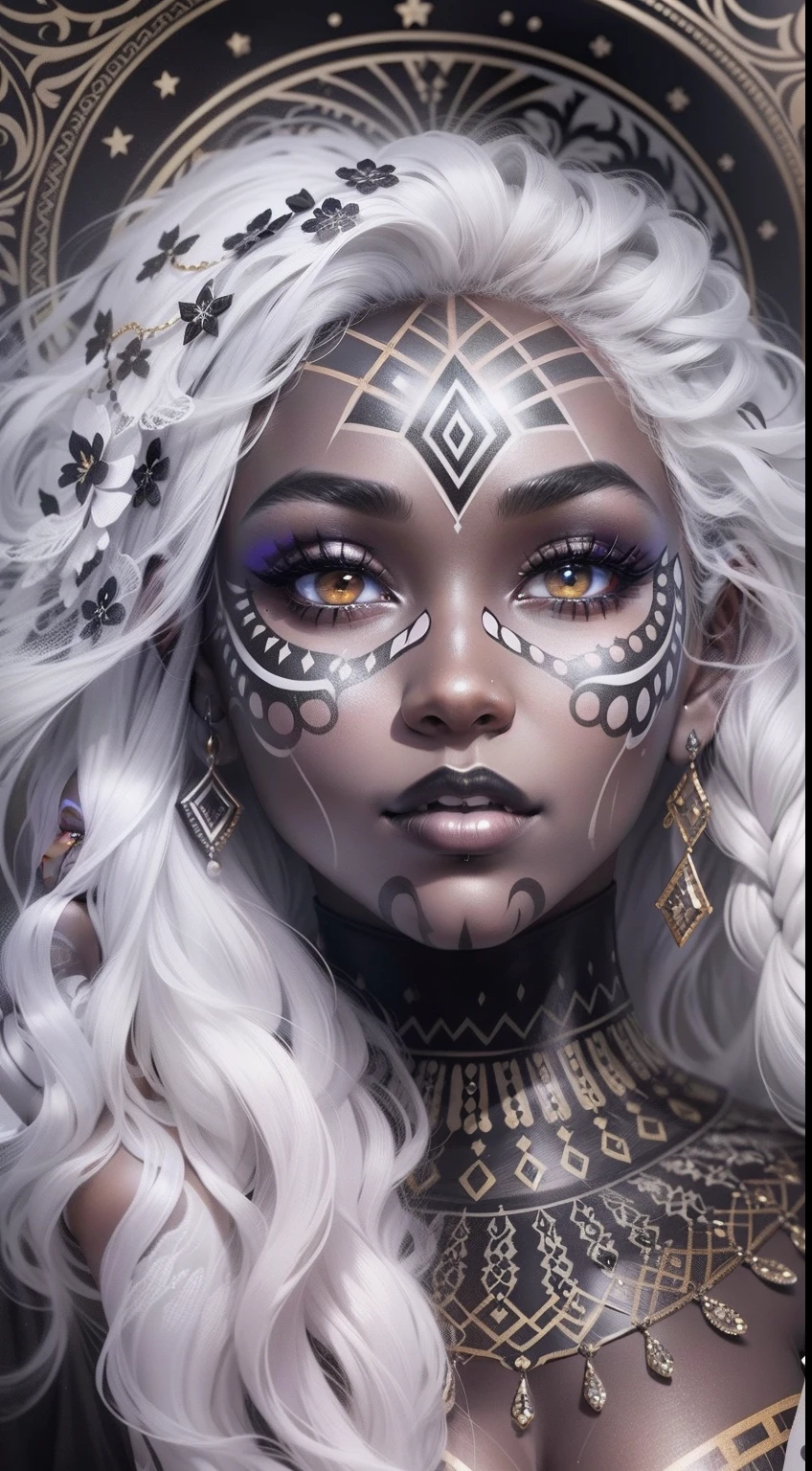 colouring book page, black and white, 32k, full body view, very beautiful tribal brown skin girl with excessive intricately detailed vivdly black and white facepaint bodypaint makeup, stunning radiant eyes, gorgeous white hair with highlights, magical night sky background