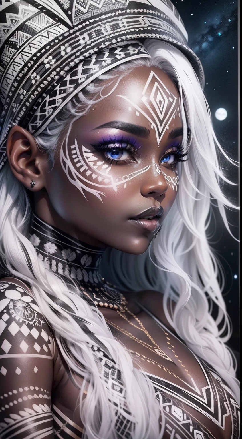 colouring book page, black and white, 32k, full body view, very beautiful tribal brown skin girl with excessive intricately detailed vivdly black and white facepaint bodypaint makeup, stunning radiant eyes, gorgeous white hair with highlights, magical night sky background