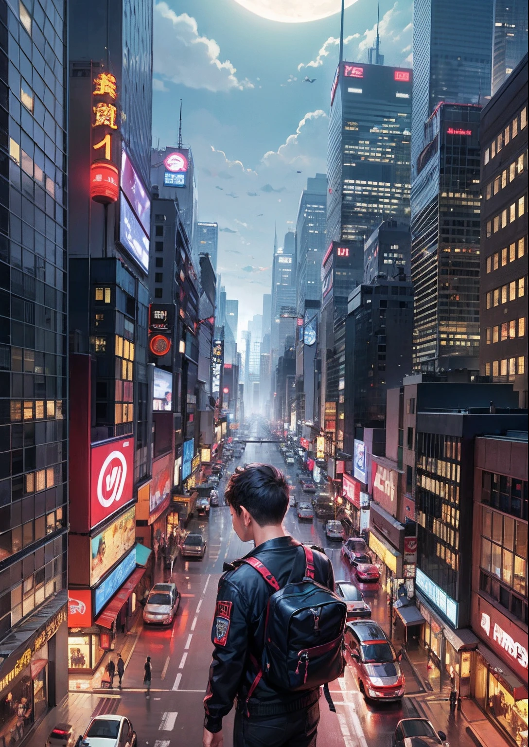 1boy,a 13 yo boy、Cyberpunk Boy、katanas,Whole body bloody、Overhead view of the composition、The beginning of the adventure、Lots of clouds,heavy fog、midnight,starrysky、Moon,Chaotic city of the future、Movie dystopia、A group of very tall skyscrapers stands in the center、Very complex cityscape,Crowded Chinese skyscrapers、street signs、streetlights、taxis、buses、Train、Pretty dim lighting、Dark road、puddles、Chaotic、Beautiful and fantastic scenery、Cinematic scenery、hightquality、masutepiece,in 8K、hight resolution、