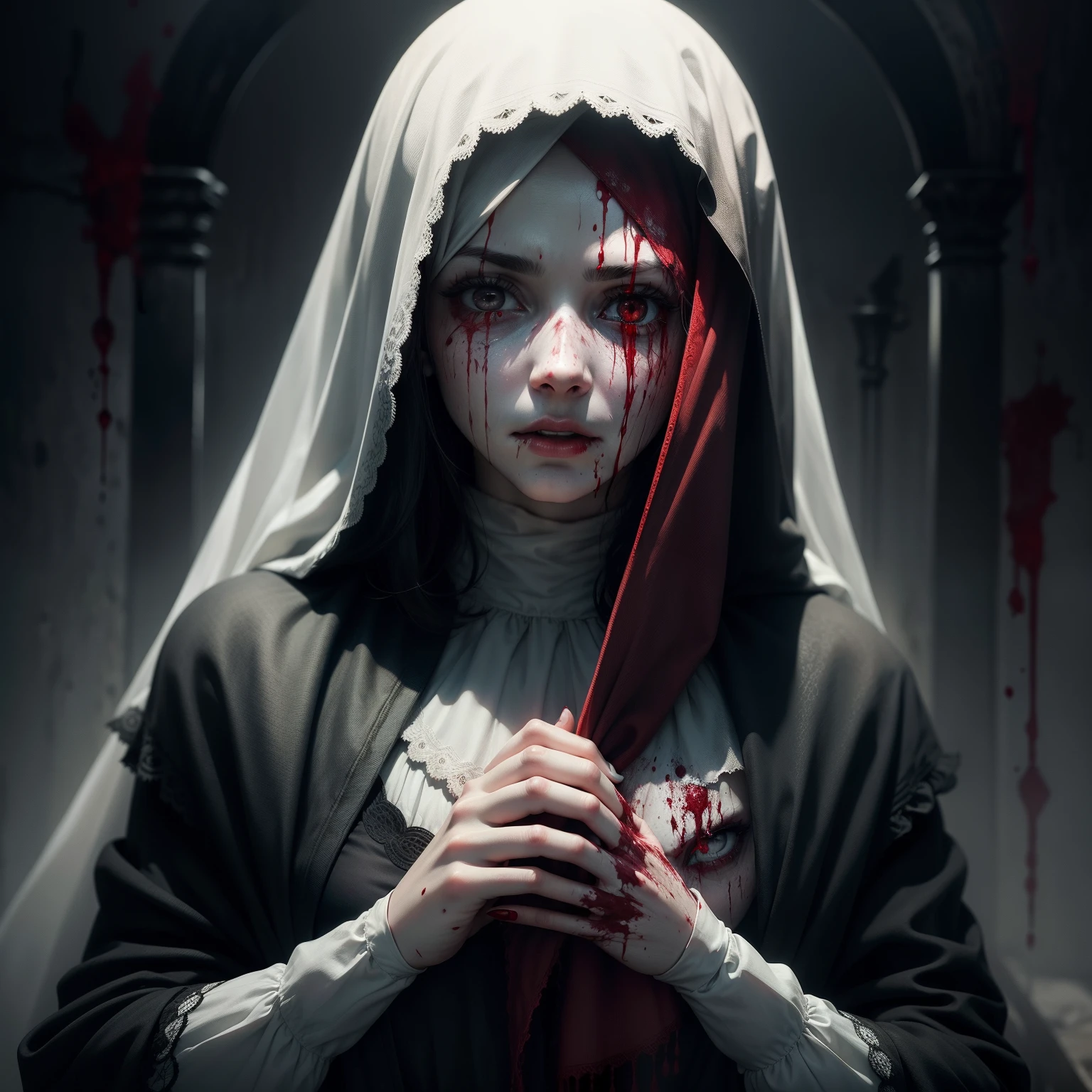 Woman with a veil and blood on her hands, white eyes, horror look, horror movie, dark