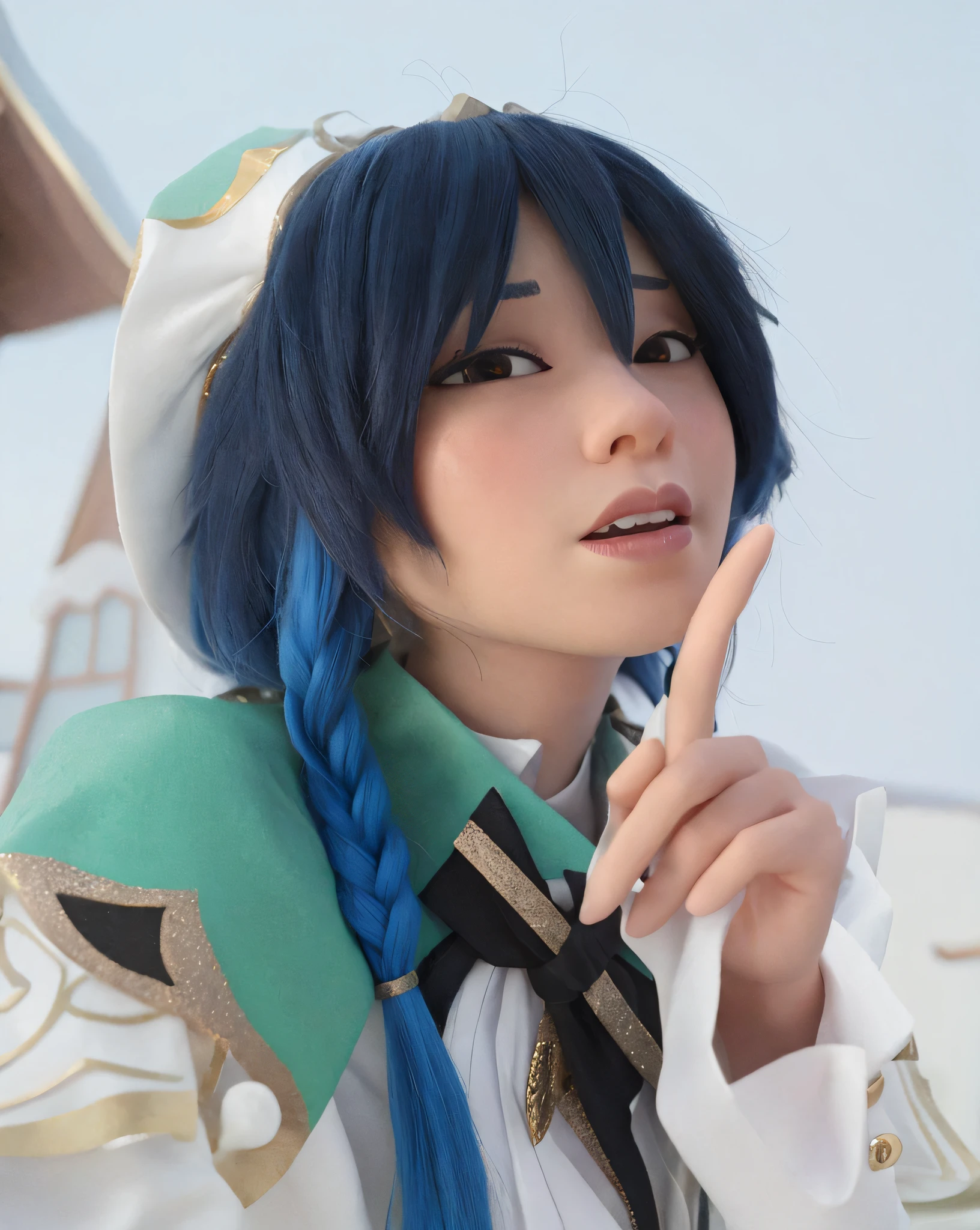 there is a woman with blue hair and a white shirt, anime cosplay, 2 d anime, cosplay, cosplay photo, anime girl cosplay, cosplayer, 2 d anime style, professional cosplay, genshin impact, fus rei, inspired by Leng Mei, (venti from genshin impact)