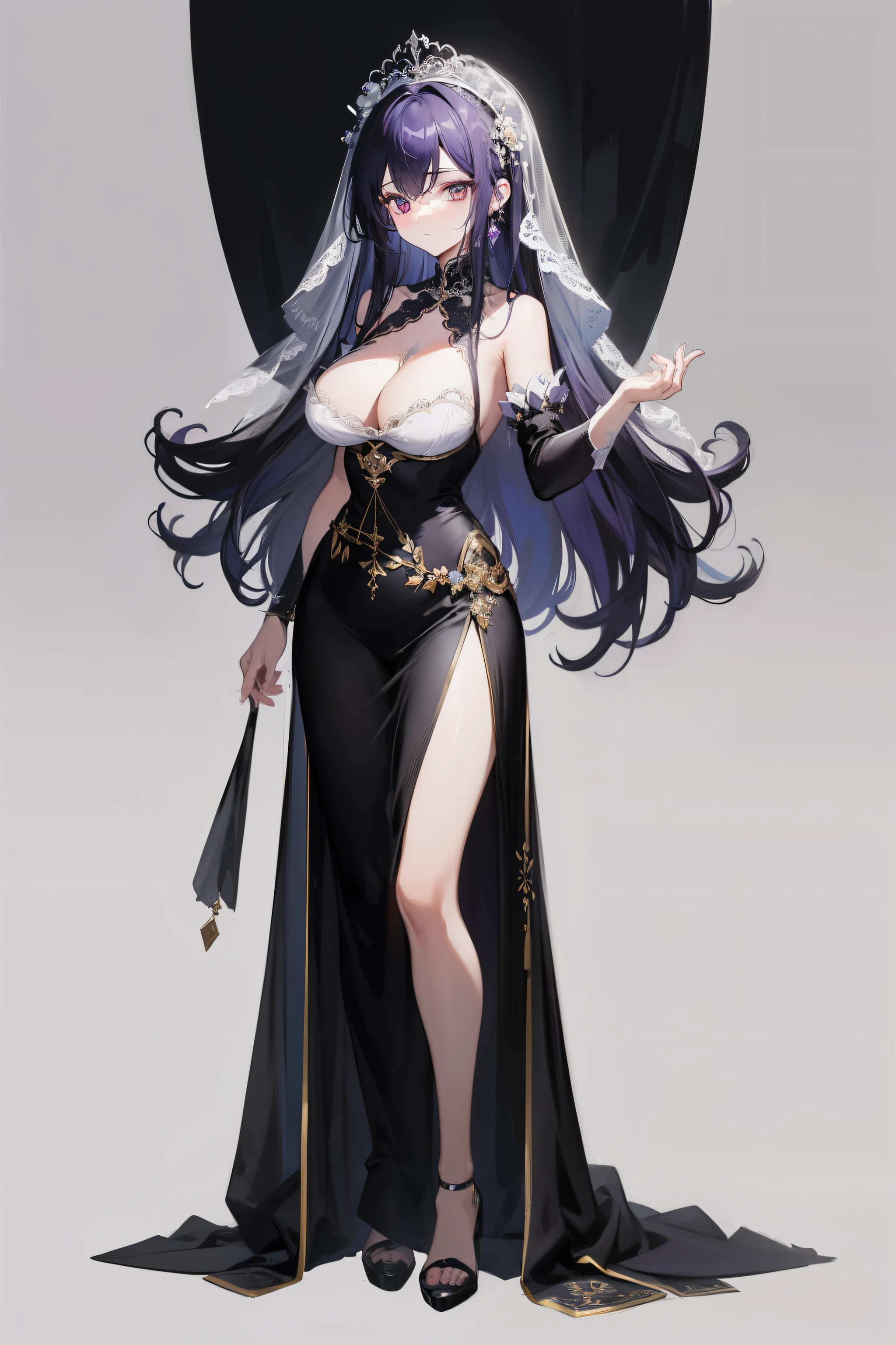 （hoang lap，A high resolution，ultra - detailed），1girll，Plain white background，Full body standing painting，Black-purple hair color，the hair，Curl，The cleavage protrudes，Full body standing painting，Black wedding dress，Veil behind the head，headdress，Royal Sister