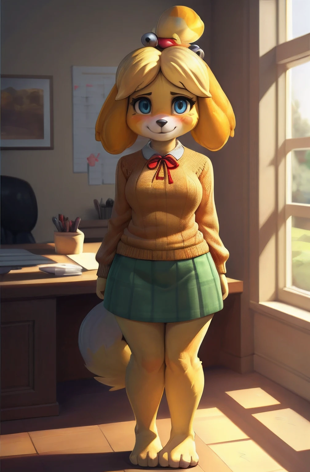 [isaCrossing], [Isabelle; Animal Crossing], [Uploaded to e621.net; (Pixelsketcher), (wamudraws)], ((masterpiece)), ((solo portrait)), ((front view)), ((feet visible)), ((furry; anthro)), ((detailed fur)), ((detailed shading)), ((beautiful render art)), {anthro; (yellow fur, black nose), small brown eyebrows, cute blue eyes, cute smile, (blushing), blonde hair, (bells in hair), topknot, fluffy tail, (beautiful feet)}, {(office woman), (red ribbon), (orange sweater), small boobs, short bodycon green skirt}, {(arms behind back), (standing), (pigeon-toed)}, [background; (office), (window), (sun rays)]