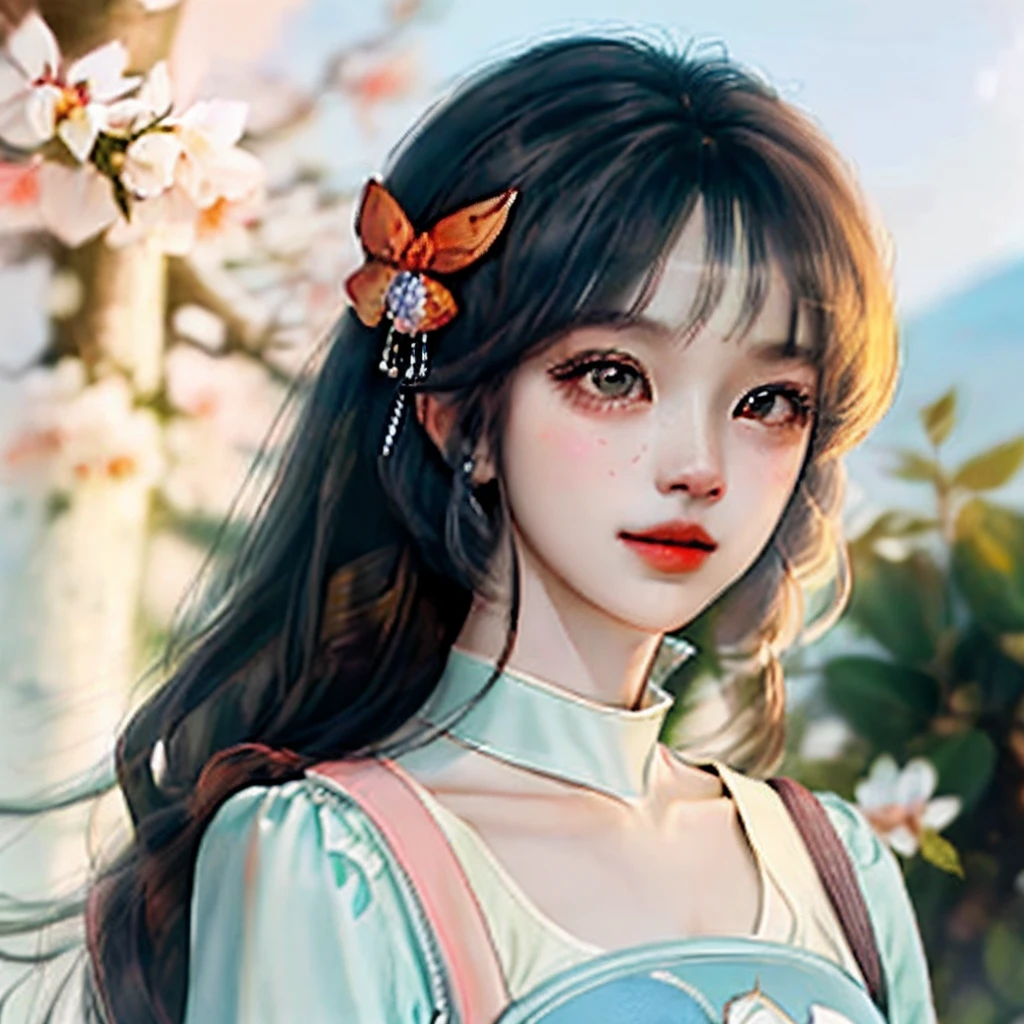 1girll, Solo, Extremely detailed eyes, starfish, seashell, shells, flower, Hat, hair adornments, jewelry, Straw hat, view the viewer, sunglasses, hatflower, drinking straw, hair pin, Earrings, Red flower, Colored glasses, yellowflower, bangs, English text, multicolored hair, orangeflower, Black hair, ring, Ccup, Long hair, orange-tinted eyewear, food, Brown hair, Portrait, shell hair ornament，（tmasterpiece、best qualtiy、A high resolution），white backgrounid，Acrylic paints，（（splash of color，Splash ink、Color splattering）），Sweet Chinese girl，light blue long hair，[light blues|Pink big breasts]the hair，curlies，glitters，Pink lips，White color blouse，frontage，