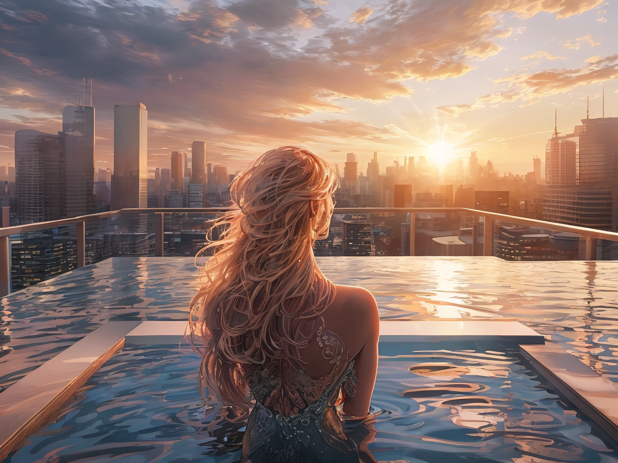 a picture of a woman sitting in an infinity pool on top of roof in a modern city, watching sunset over the city, sun being reflected in the water a view from the rear, long hair, wavy hair, blond hair, ultra feminine, beat detailed face, wearing elegant dress, glamorous dress, wearing high heels, ultra best realistic, modern urban setting background, sun rays, best details, best quality, 16k, [ultra detailed], masterpiece, best quality, (extremely detailed), ultra wide shot, photorealism, 3D
