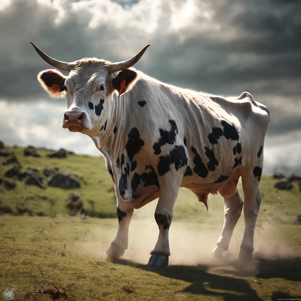 Ultra-realistic photo of a one-legged cow wrapped in lightning roaring to the sky,8k hair detail 4k image,Get the image,Excellent ray tracing