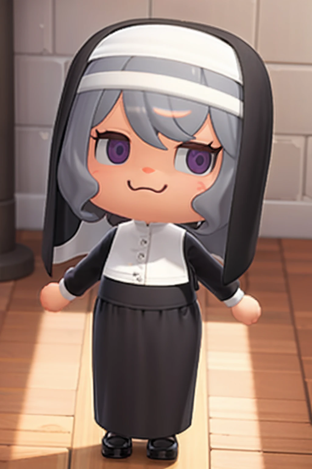 masterpiece, best quality, (chibi:1.2), grey wavy hair, nun, violet eyes, 3d model