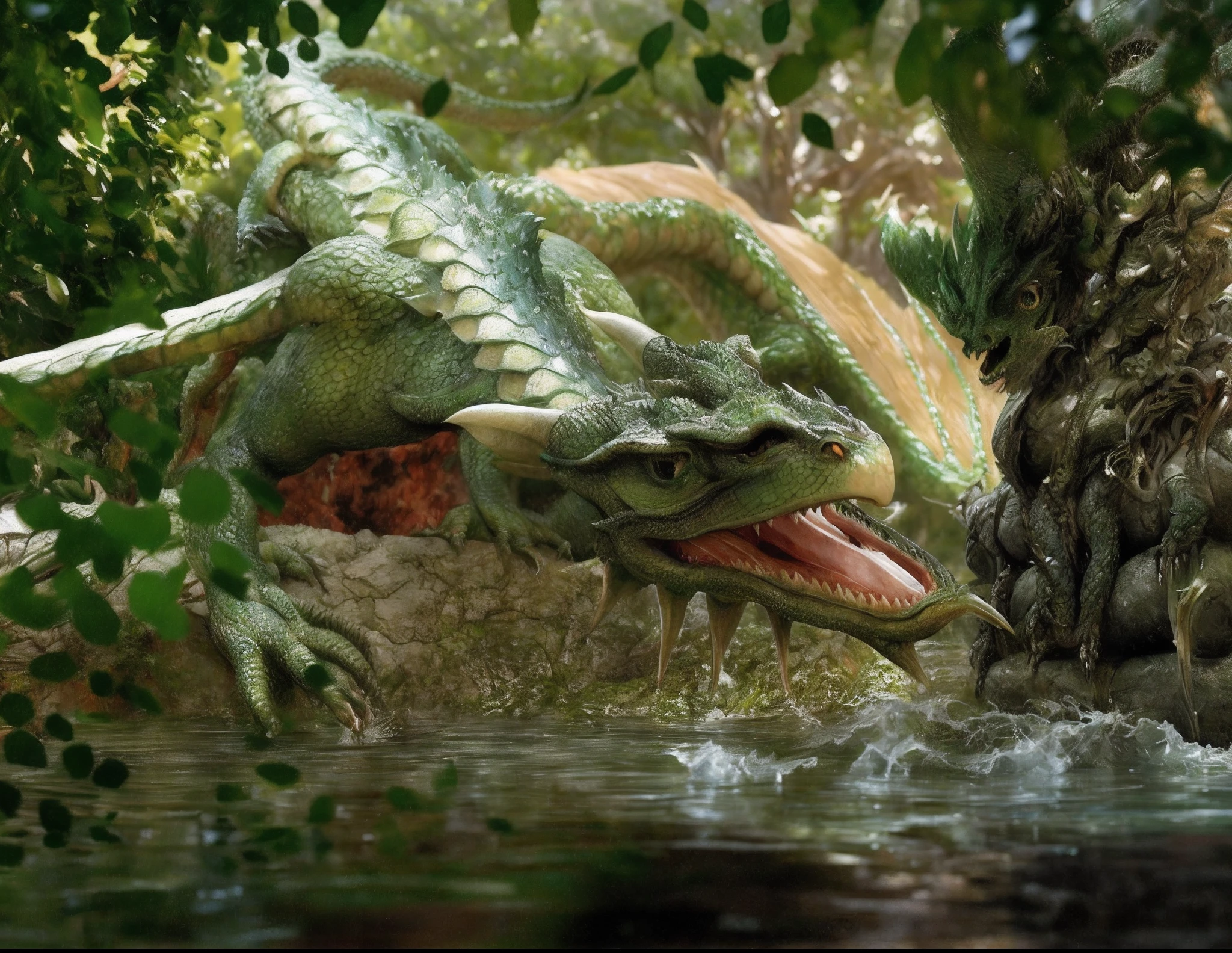 there is a green dragon with its mouth open and its mouth wide open, dragon vore art, water dragon, dragon vore, realistic fantasy render, green dragon, large green dragon, realistic lifelike dragon, highly detailed creature, massive green dragon!!!, dragon fodder, hyperrealistic d & d fantasy art, wyvern, charging through a dragons lair