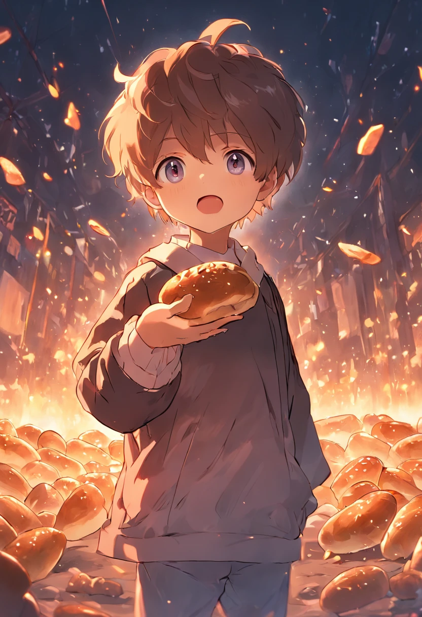 a cute little boy，Bread in hand。