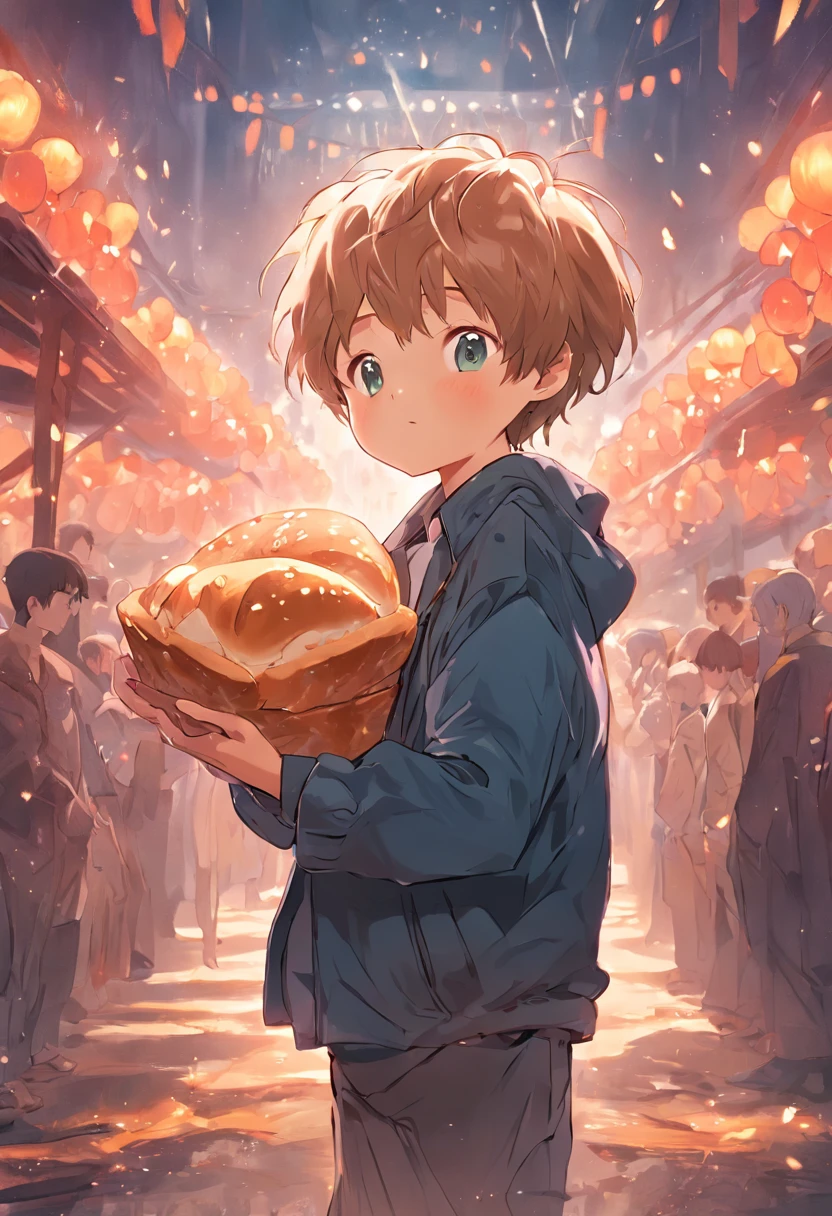 a cute boy,Bread in hand。