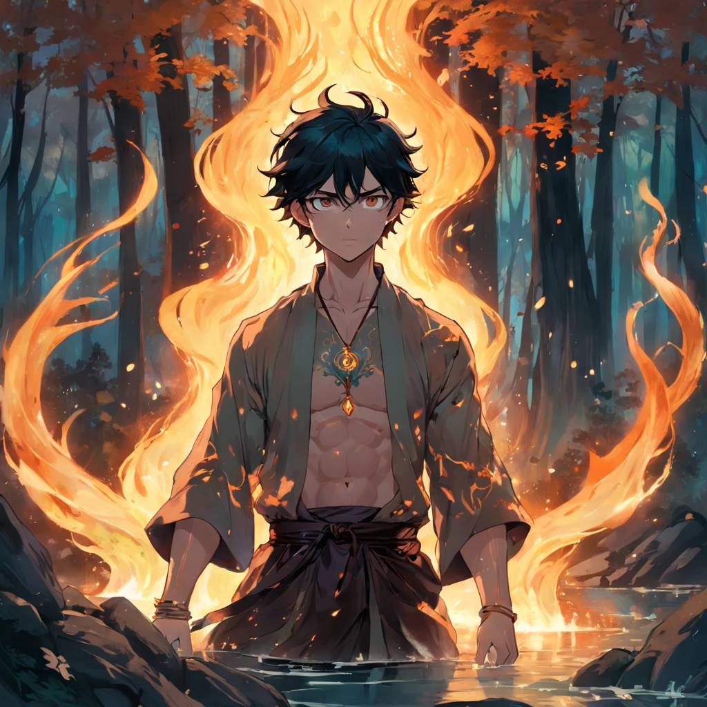 Amidst an ancient and overgrown forest, the essence of magic takes form through a man, He wears sunglasses., his hair as dark as the shadows and his eyes a radiant golden blaze. A mystical mark graces his neck, shimmering with latent power. Within a clearing, he stands engulfed in a cascading torrent of flames, the fire's heat tempered by an otherworldly energy. As the magical fire spirals and dances, it conjures a swirling dance of luminous particles, each a fragment of his ethereal aura. Arcane symbols materialize in midair, their glow casting an eerie light on his intense focus. The scene exudes a sense of ancient power and hidden knowledge, as if the woods themselves are alive with long-forgotten secrets. The mood is one of serene intensity, where the balance of nature and magic intertwine. The illustration style captures this mystical aura through detailed digital artistry, combining intricate linework with vibrant color palettes. --ar 16:9 --v 5