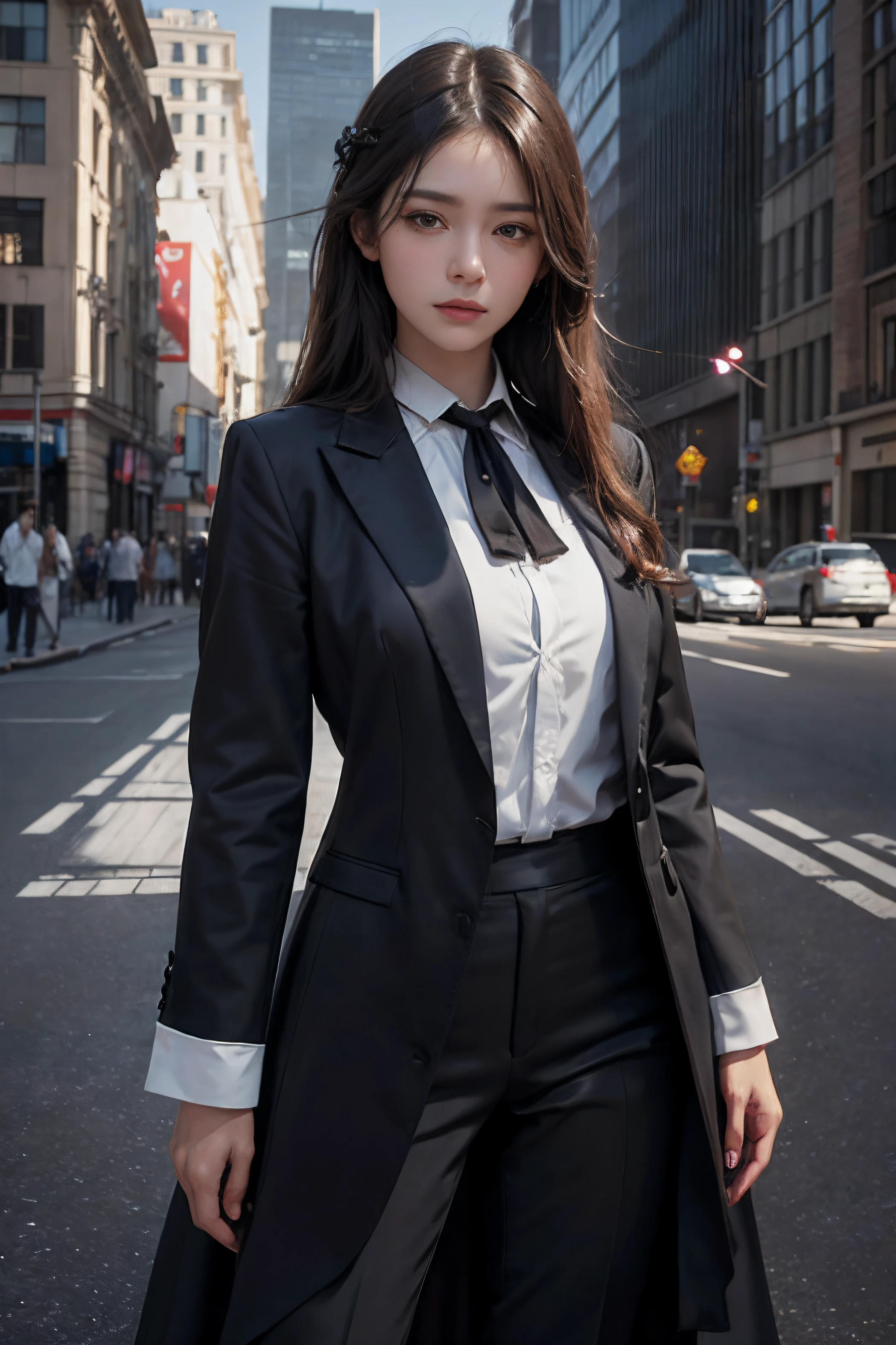 This domineering president has a tall female posture,with a well-proportioned body。She wears a well-tailored black suit,The placket is tightly buttoned together,Perfectly outlines the slender waistline。The details on the suit show both professionalism and taste,Makes her an indispensable presence in the office。She wears it with a white shirt,Tucked neatly into black suit pants,The hem of the garment draws a smooth line around the waist。A pair of black high heels held up her slender legs,Exudes confidence and elegance。Her ankles are slender,Impressive。Her hair is carefully combed into silky wavy shapes,Naturally drapes over both shoulders,Exudes a faint aroma。(highy detailed,High detail,high detal,Her makeup is light and delicate,Emphasize her facial contours,Deep eyes with slightly accentuated eyeliner,Make her eyes appear sharp and powerful。Her lips were smeared with a touch of rose-red lipstick,Highlight her temperament and unique charm。In terms of accessories,She wears a delicate watch,glowing with silver light,Precise and noble。She wears a pair of simple and gorgeous earrings on her ears,Goes well with her overall image。Additionally,She also wore a snow-white and shiny engagement ring,Exudes enduring love and power。This domineering president woman is known for her neatness、Restraint and a sense of fashion look confident and outstanding outside the office。Her demeanor is refined、Charming yet capable,Navigate every scene of the office with a unique style。