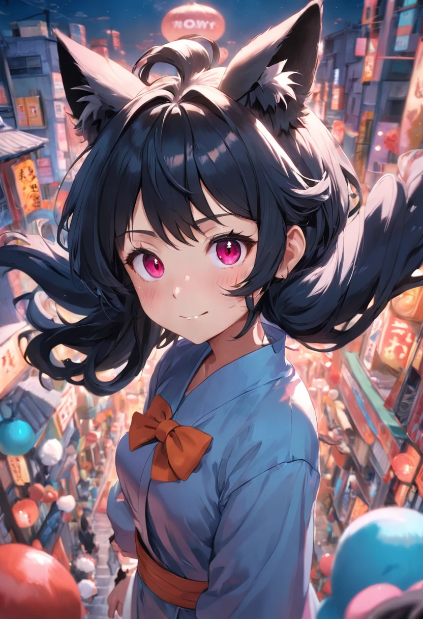 black hair, hair bobbles, wince, longeyelashes, solid circle eyes, fake animal ears, light smile, ear blush, fang, hair over one eye, big hair, Surrealism, drop shadow, anaglyph, stereogram, tachi-e, pov, Genre painting, motion blur, panorama, 8k, super detail, ccurate, best quality