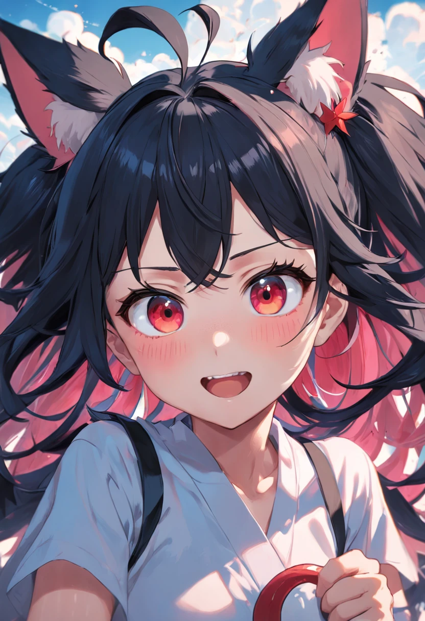 black hair, hair bobbles, wince, longeyelashes, solid circle eyes, fake animal ears, light smile, ear blush, fang, hair over one eye, big hair, Surrealism, drop shadow, anaglyph, stereogram, tachi-e, pov, Genre painting, motion blur, panorama, 8k, super detail, ccurate, best quality