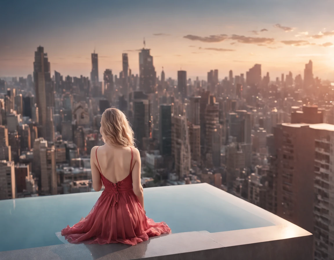 an illustration of a woman sitting in an infinity pool on top of roof in a modern city, watching sunset over the city, sun being reflected in the water a view from the rear, long hair, wavy hair, blond hair, ultra feminine, best detailed face, wearing elegant dress, glamorous dress, wearing high heels, ultra best realistic, best details, best quality, 16k, [ultra detailed], masterpiece, best quality, (extremely detailed), ultra wide shot, photorealism,