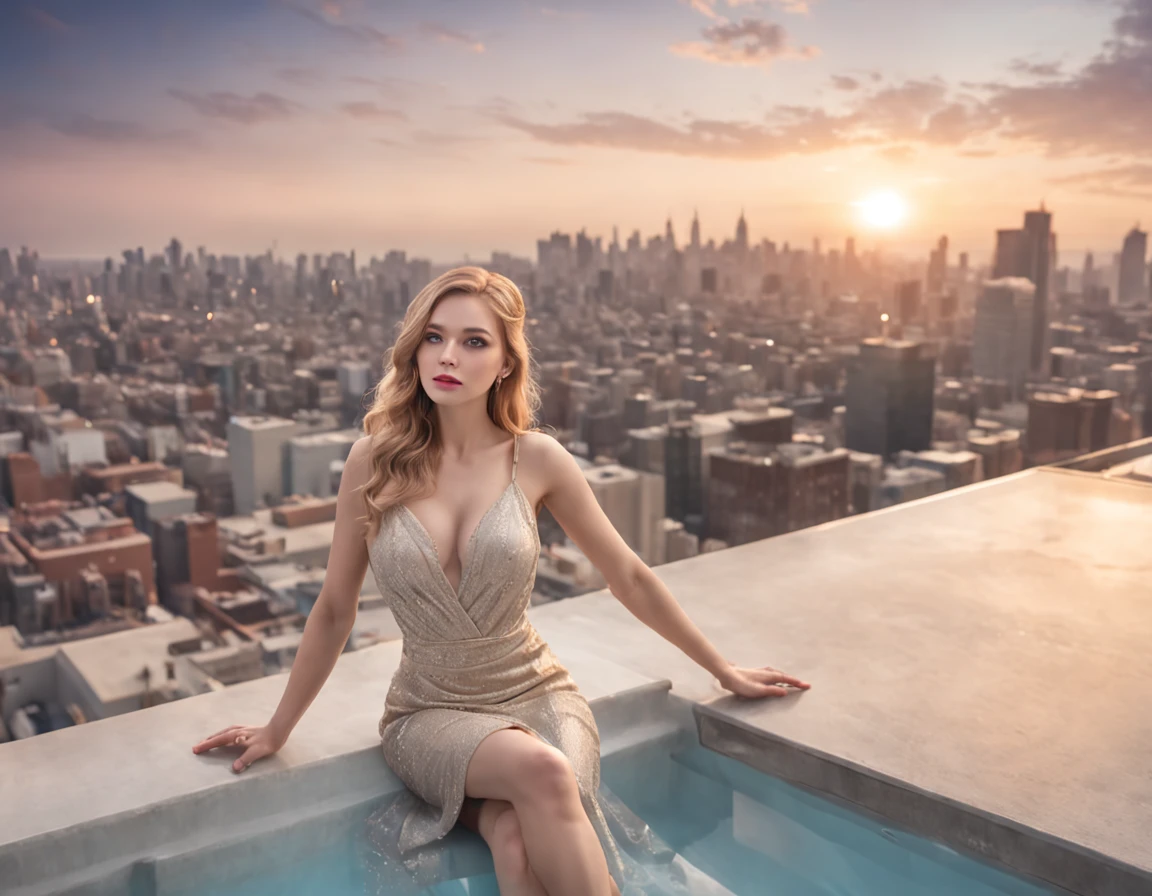an illustration of a woman sitting in an infinity pool on top of roof in a modern city, watching sunset over the city, sun being reflected in the water a view from the rear, long hair, wavy hair, blond hair, ultra feminine, best detailed face, wearing elegant dress, glamorous dress, wearing high heels, ultra best realistic, best details, best quality, 16k, [ultra detailed], masterpiece, best quality, (extremely detailed), ultra wide shot, photorealism,