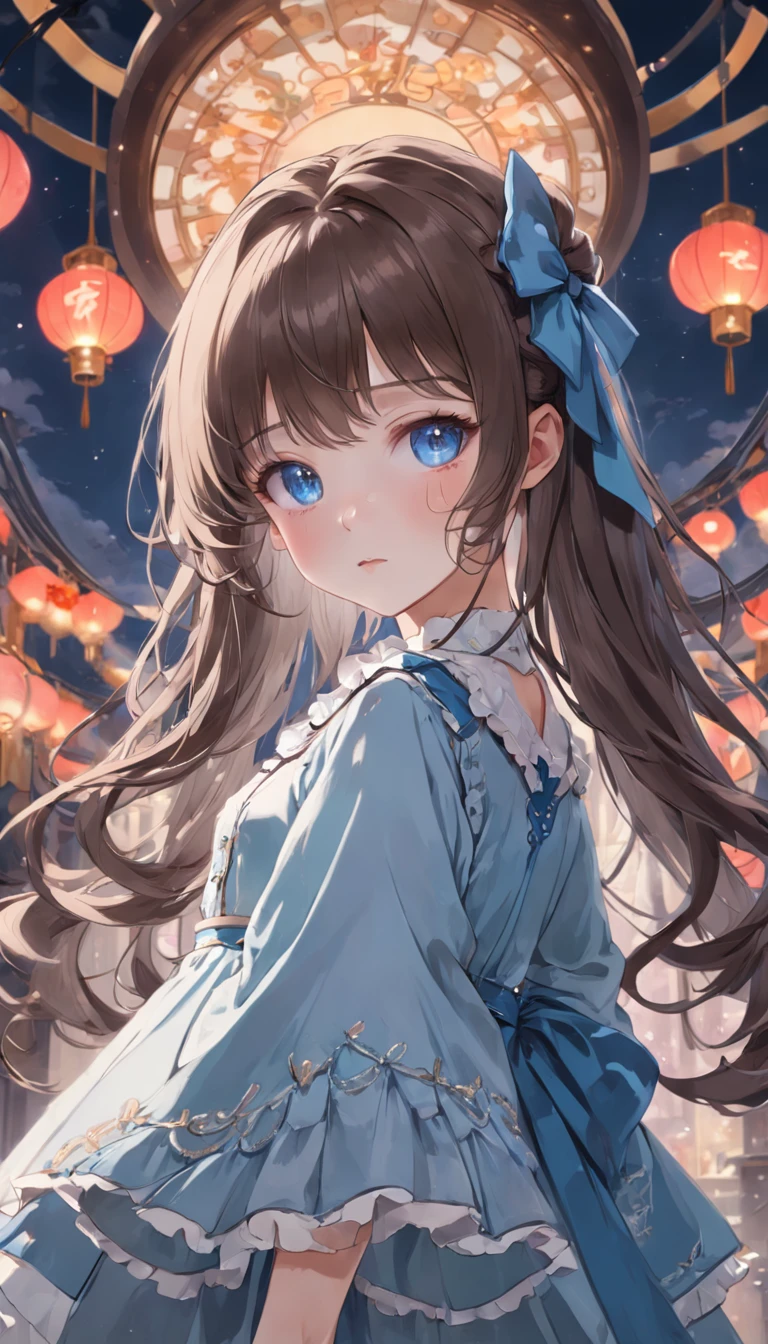 brunette color hair,young child,being thin,Lolita prostitute,Sick,blue color eyes,A deep,opulent,noble,Beth,China-style,Slightly curly hair,By bangs,Three no attributes