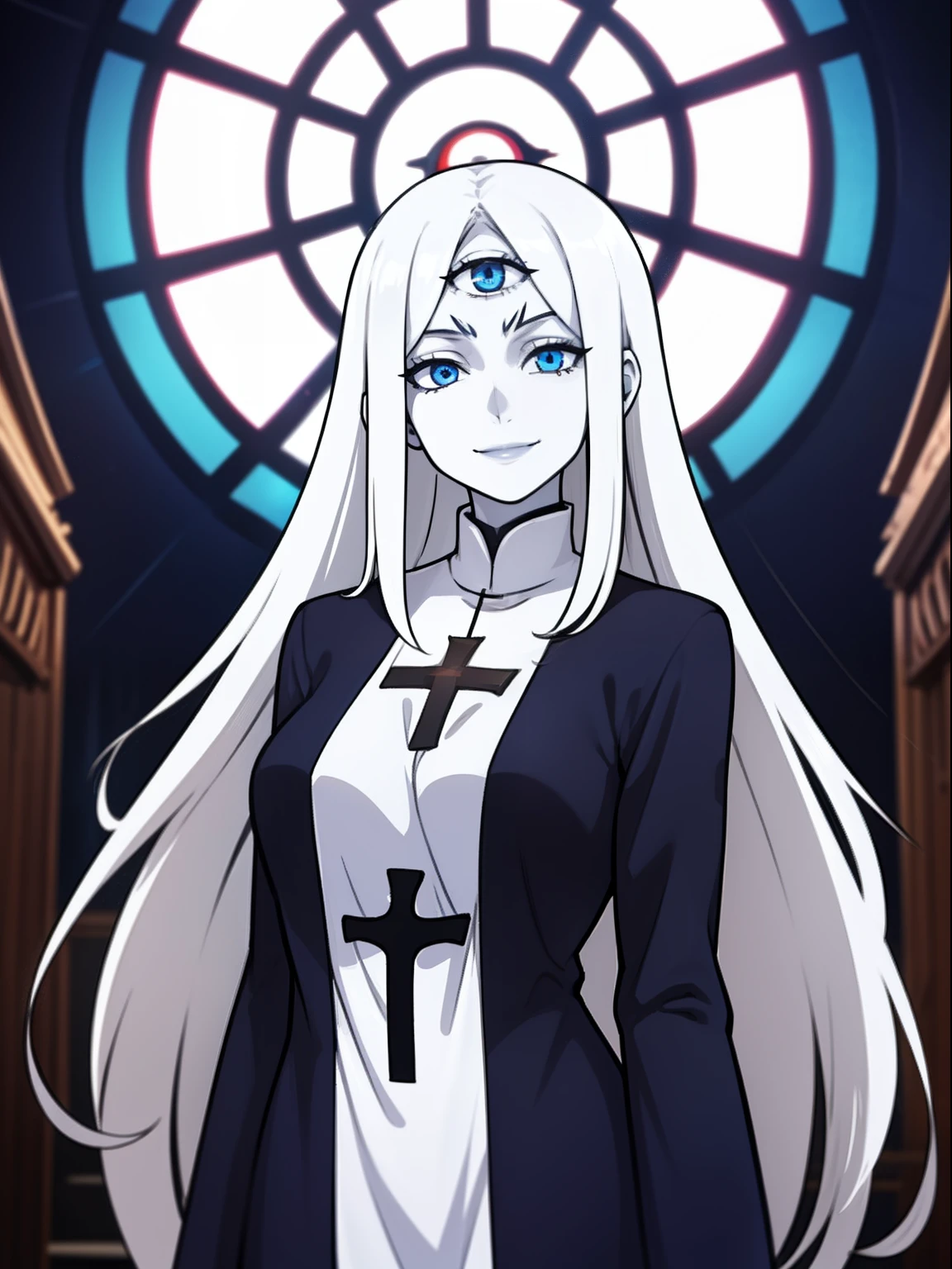 1girl,solo,blue eyes,demonic third eye,white hairs,long hairs, breasts ,pale skin, priest,smile, church