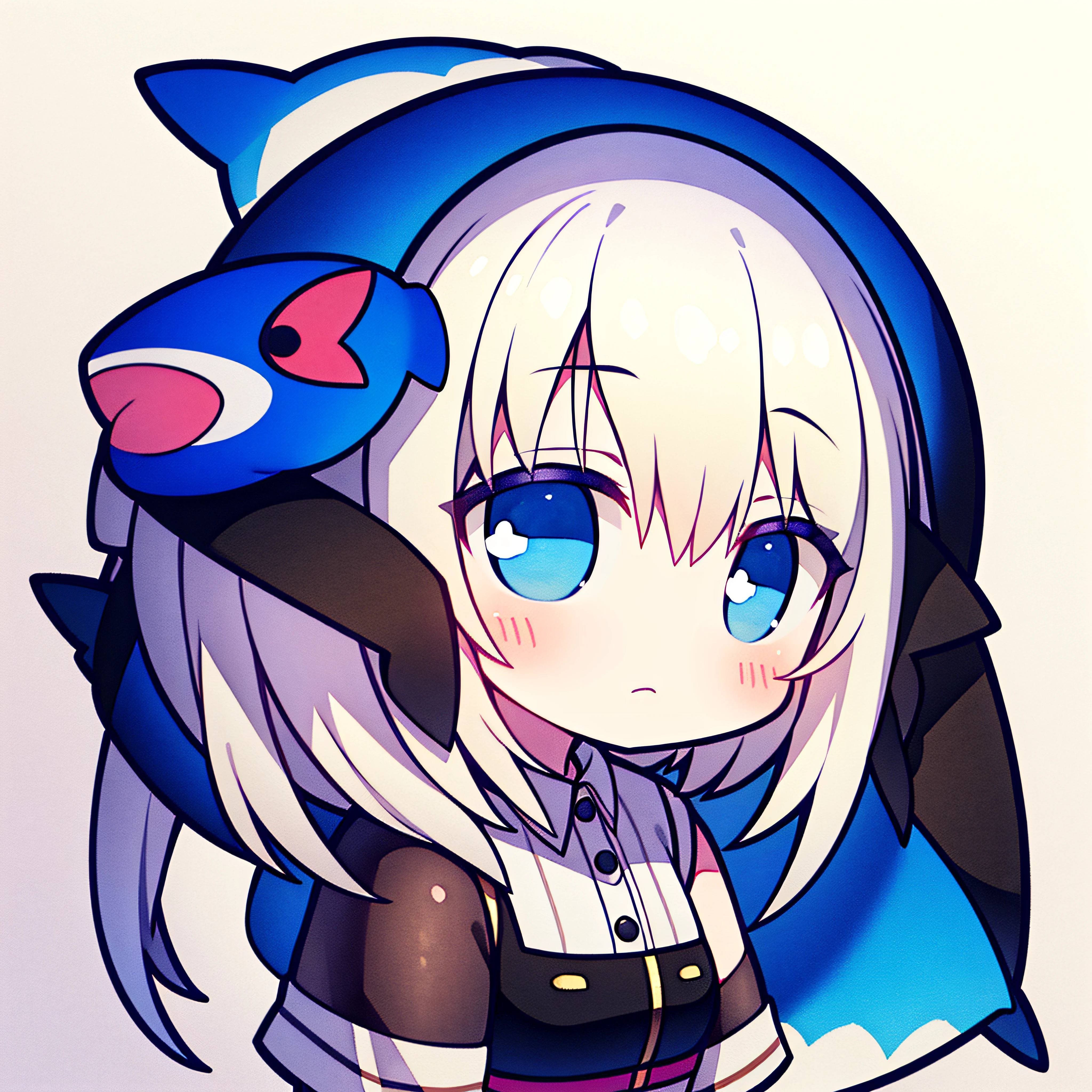 fish on the head, solo, 1 girl, looking at viewer, upright, concept art, white background, simple background, white hair, gradient hair, short sleeves, watercolor pencil, expressionless, blush, virtual youtuber
