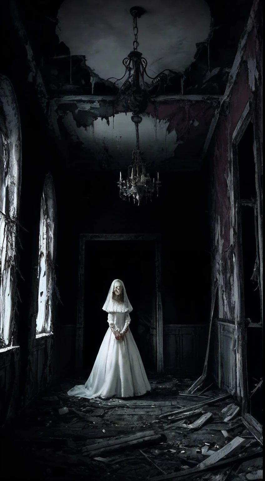 arafed woman in a white dress standing in a room with broken windows, horror photography, spiritual eerie creepy picture, creepy photography, horror photo, in a desolate abandoned house, dark eerie photo, scary photo, inside a haunted house, scary picture, inside haunted house, ghost of a young girl, dark eerie photograph, scaring, inside a haunted destroyed house