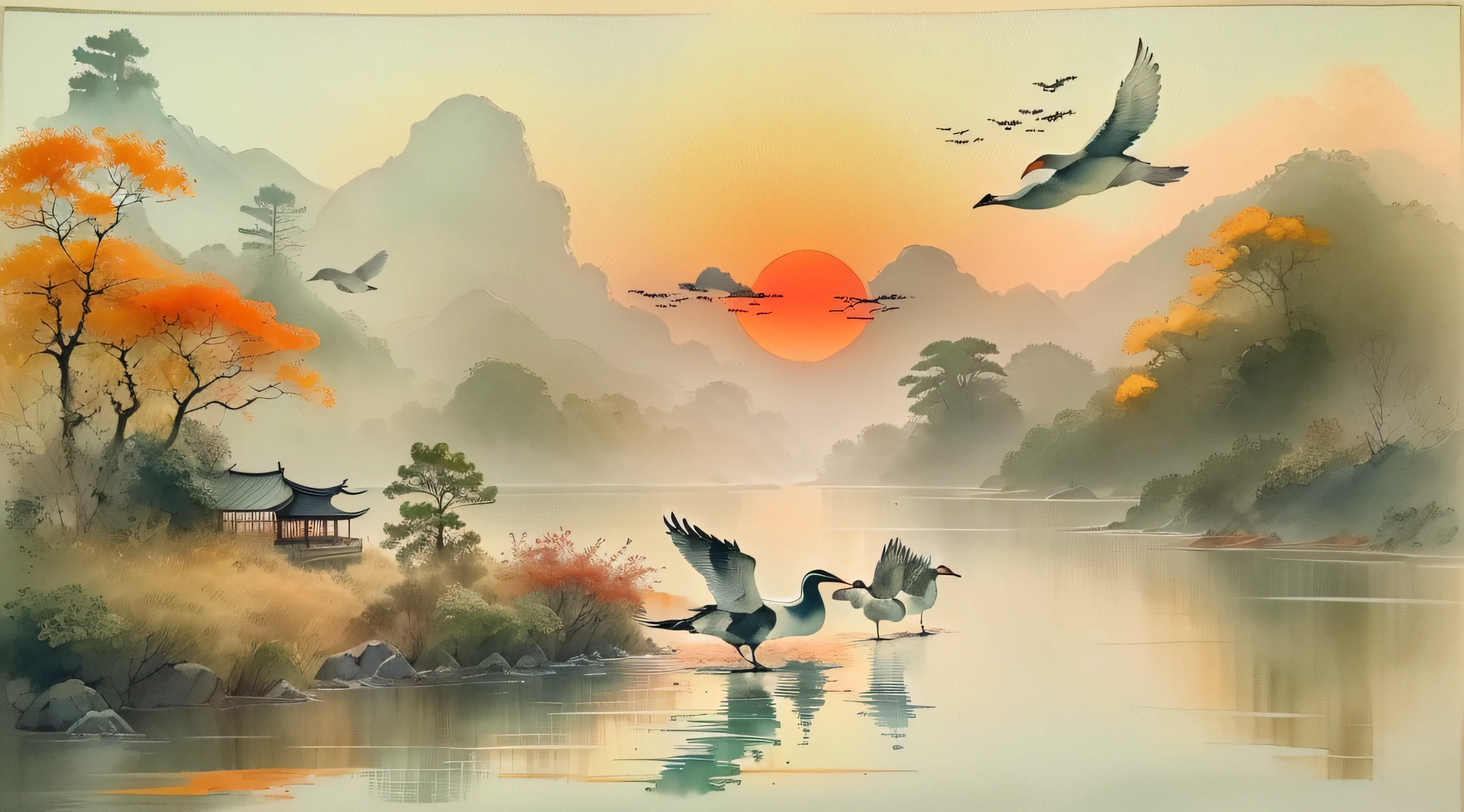 China ink painting,ink,the setting sun,Wild geese flying in the sky in the distance,The autumn water is the same for a long time,The beauty of ancient poetry,